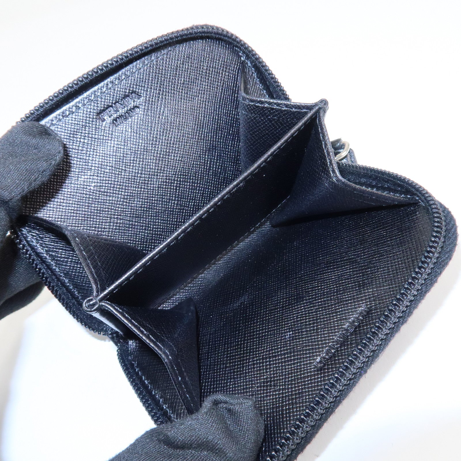 PRADA Triangle Logo Saffiano Leather Round Zippy Coin Case Black