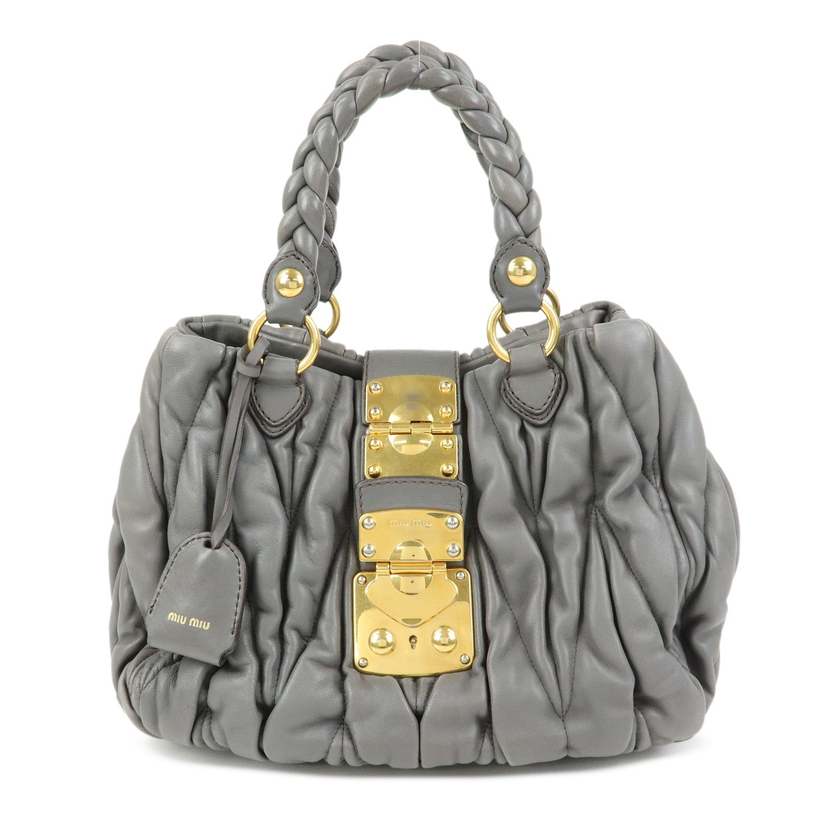 MIU MIU Matelasse Nappa Leather Hand Bag Gray RN0473