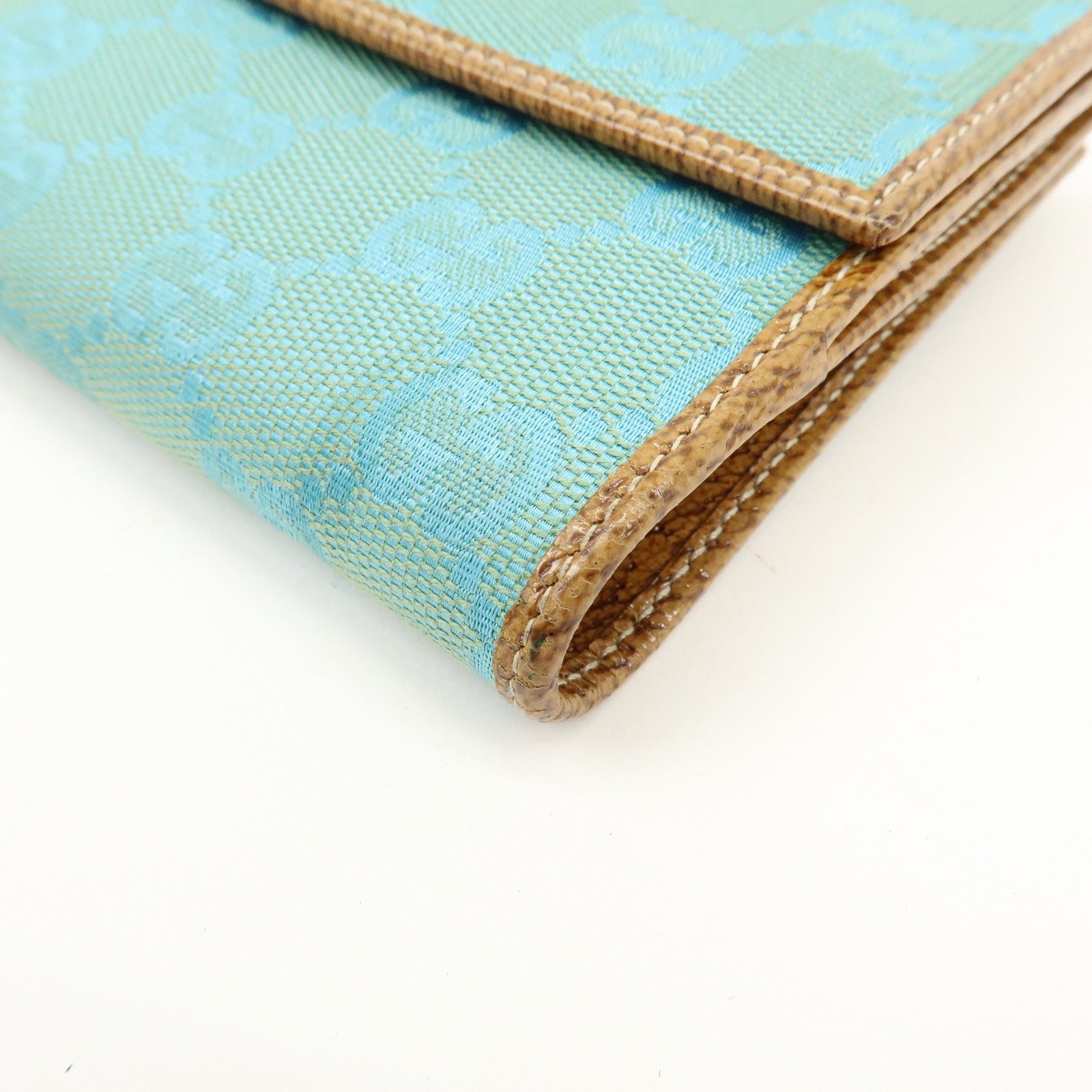 GUCCI GG Canvas Leather Compact Wallet Light Blue Brown 115090