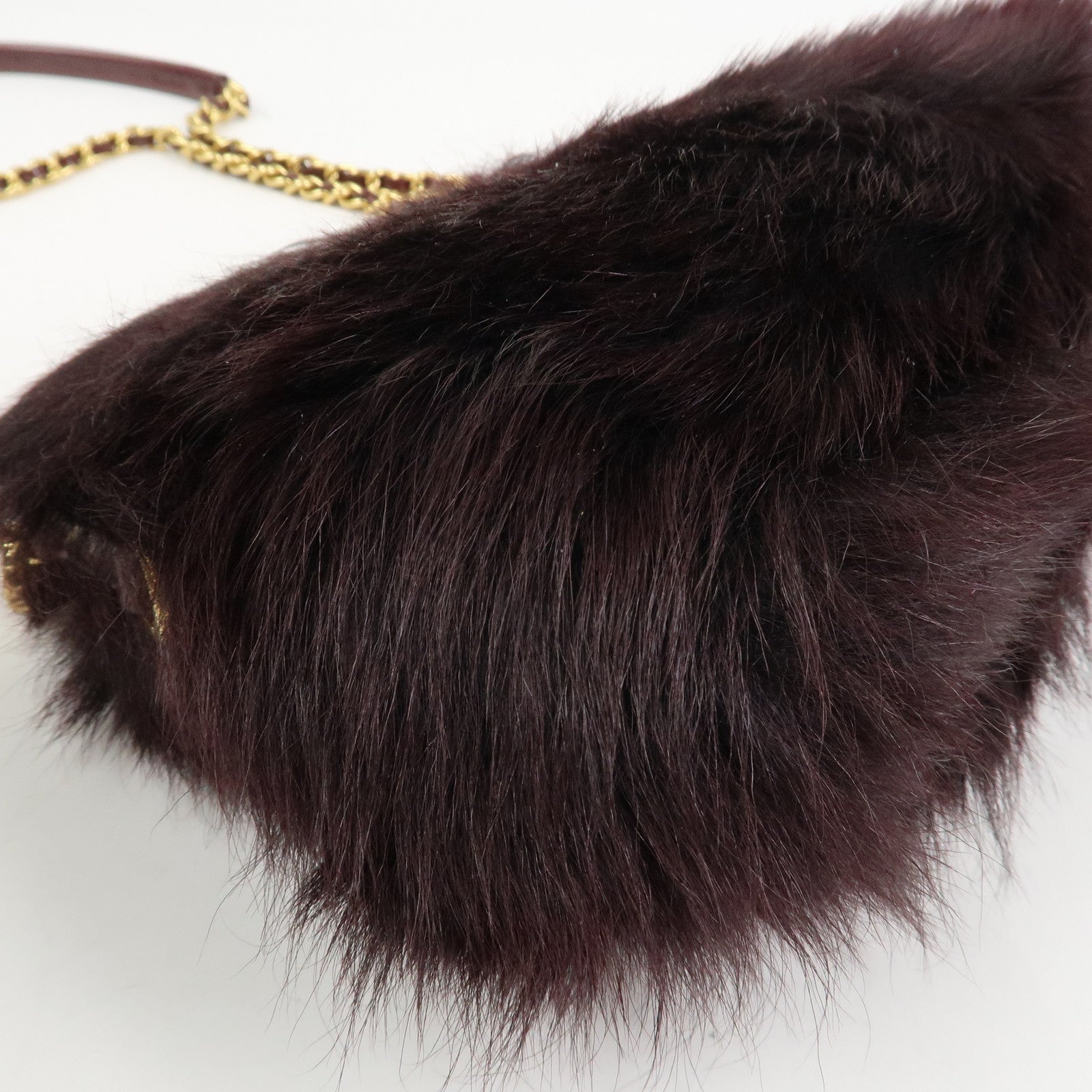 PRADA Leather Fur Chain Shoulder Bag Crossbody Bag Brown BP0368