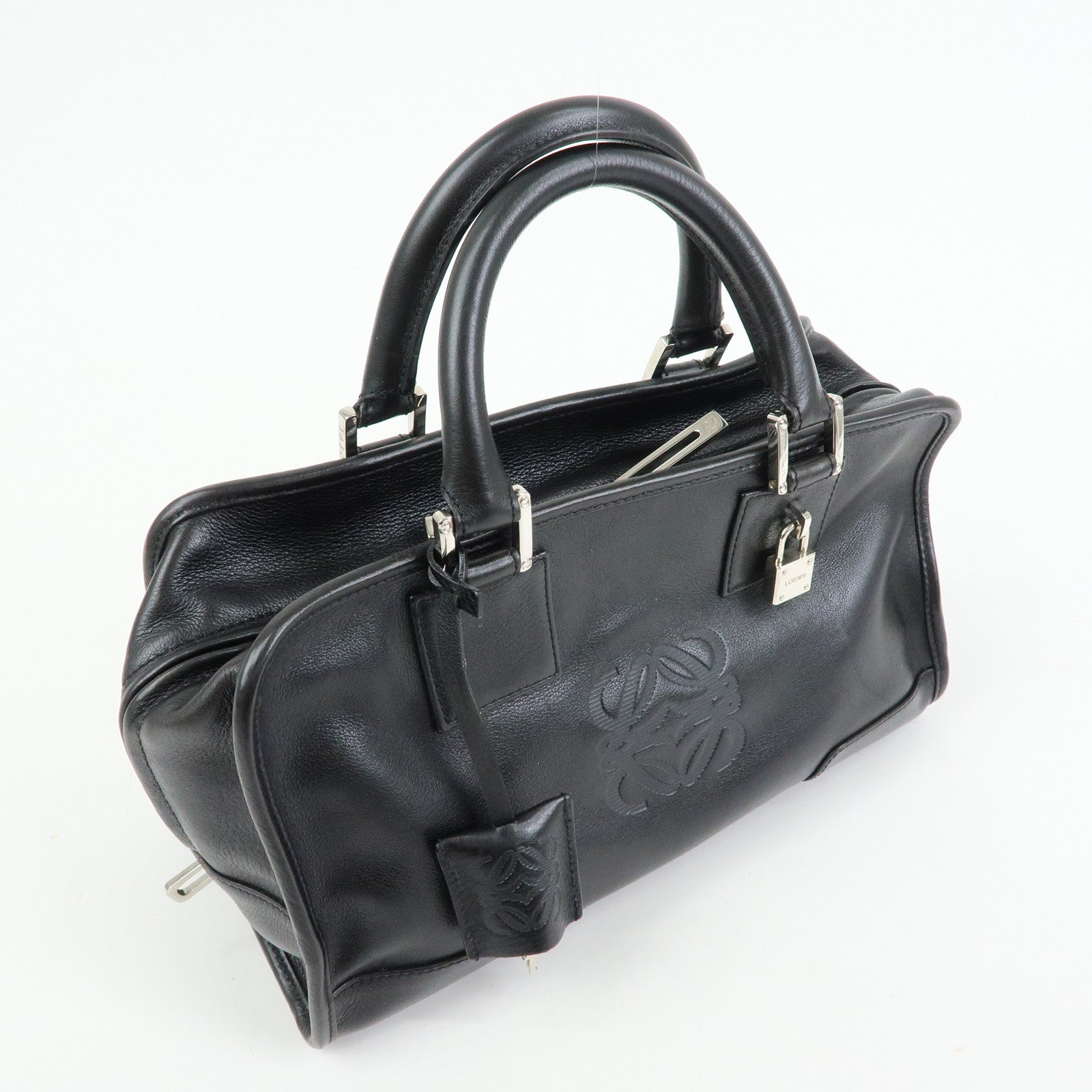 LOEWE Anagram Amazona 28 Leather Hand Bag Boston Bag Black