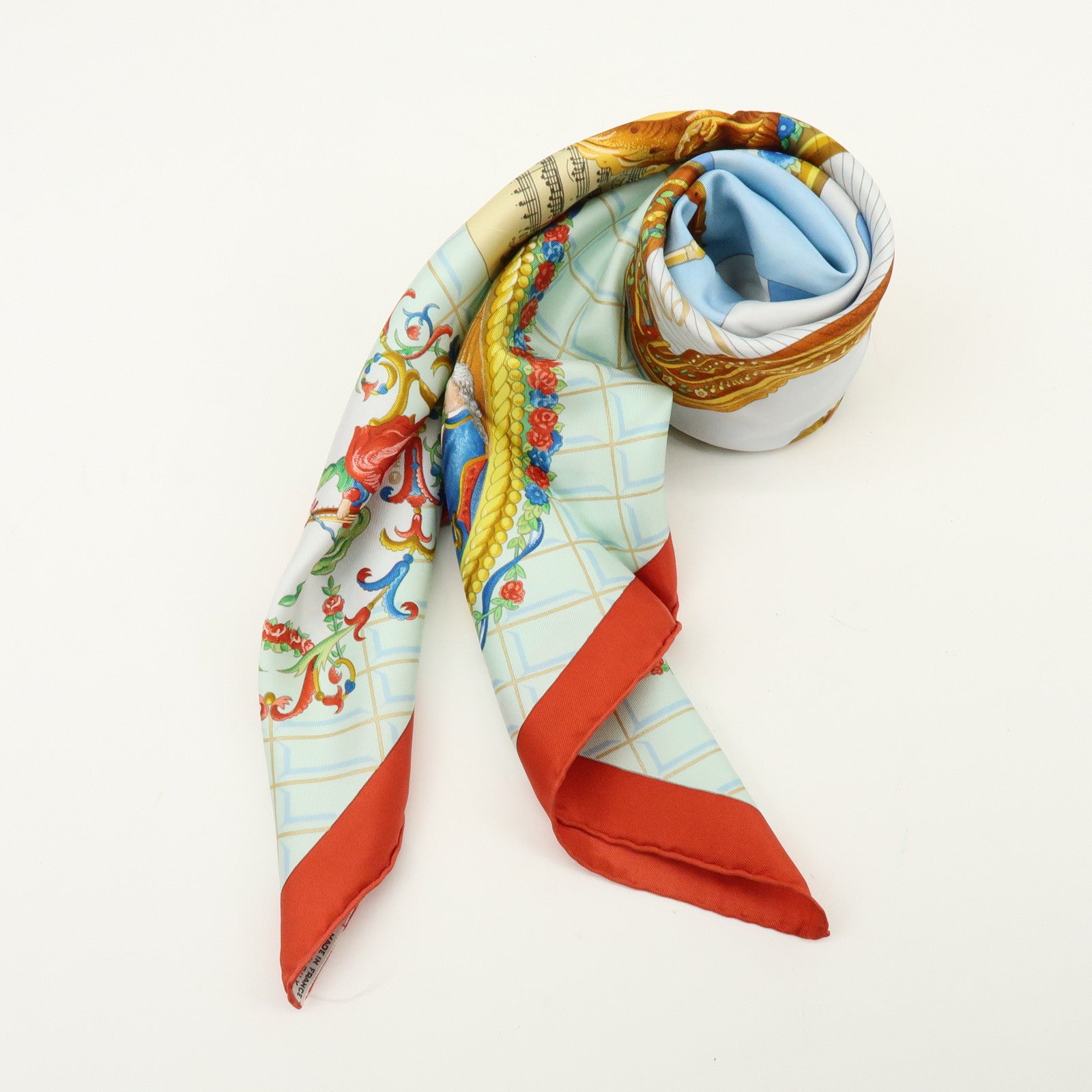 HERMES Carre 90 Silk 100% Scarf Wolfgang Amadeus Mozart Red Brown