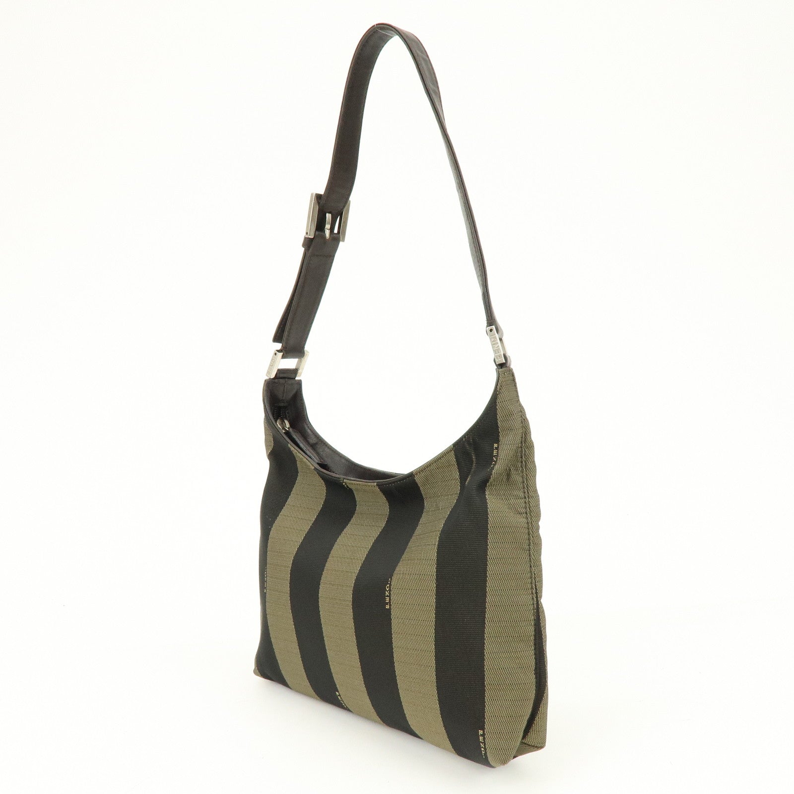 FENDI Pequin Canvas Leather Shoulder Hand Bag Khaki Black 26709