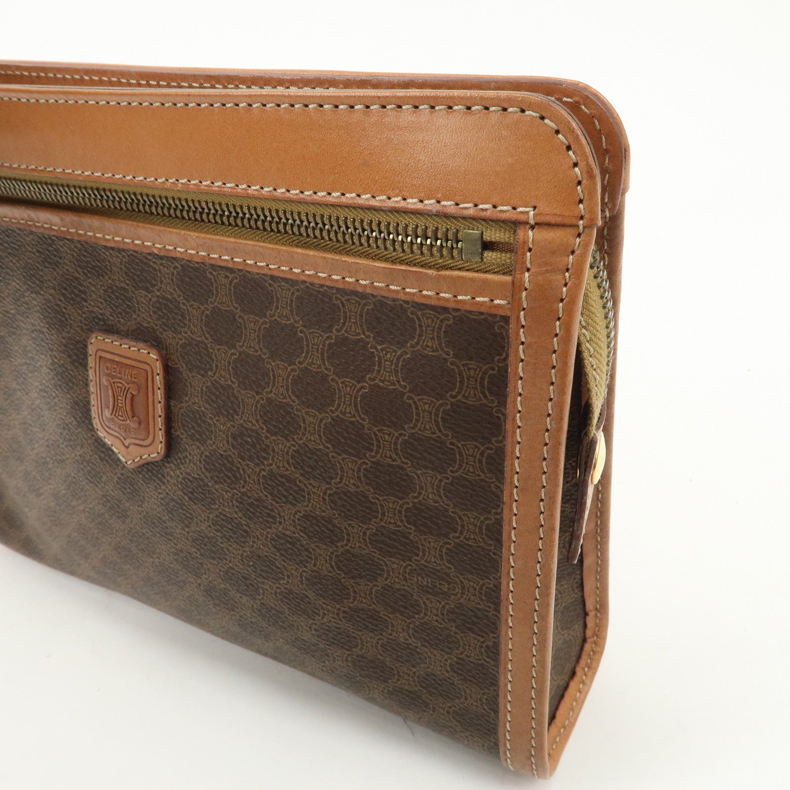 CELINE Macadam PVC Leather Clutch Bag Brown Gold HDW