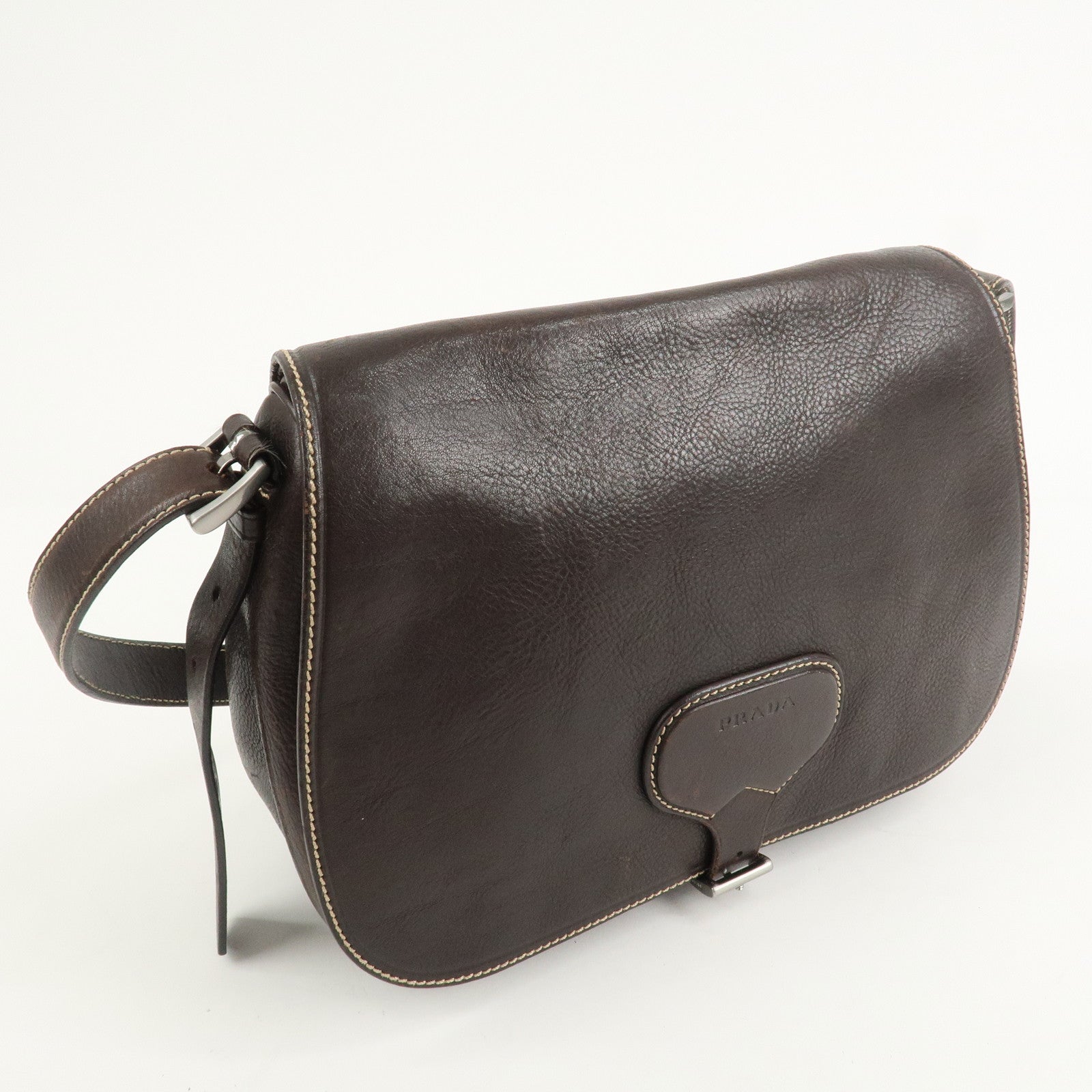 PRADA Logo Leather Shoulder Bag Crossbody Bag Brown