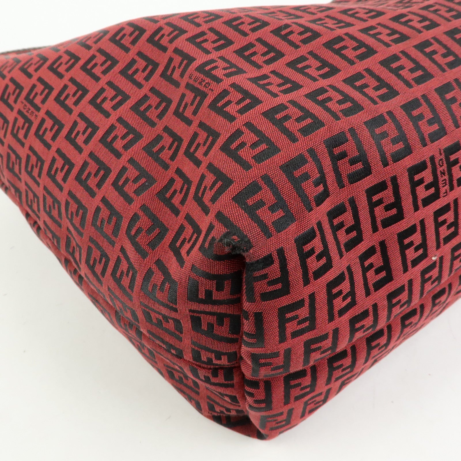 FENDI Zucchino Canvas Leather Tote Bag Hand Bag Red Black 8BH005
