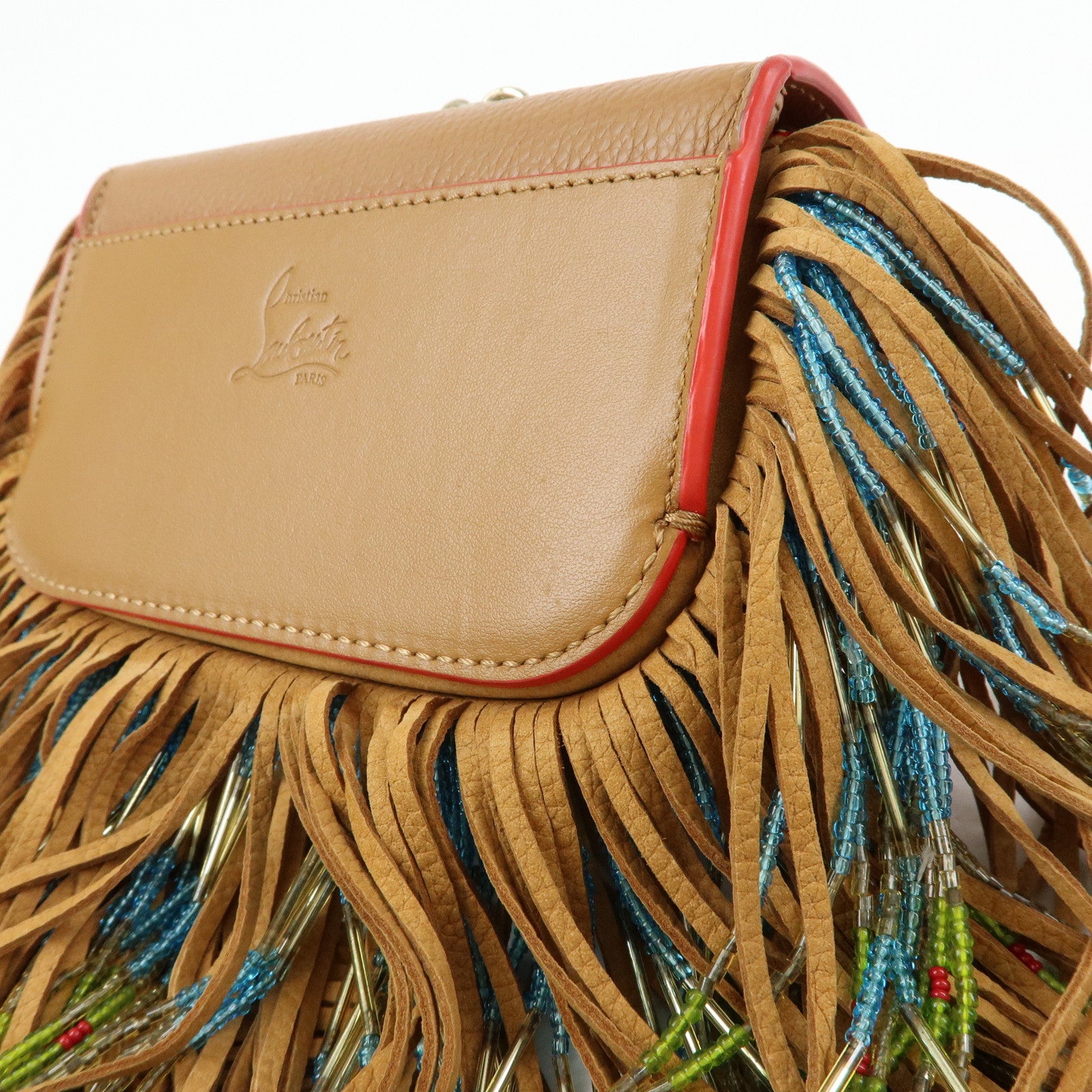 Christian Louboutin Leather Beaded Fringe Shoulder Bag Brown