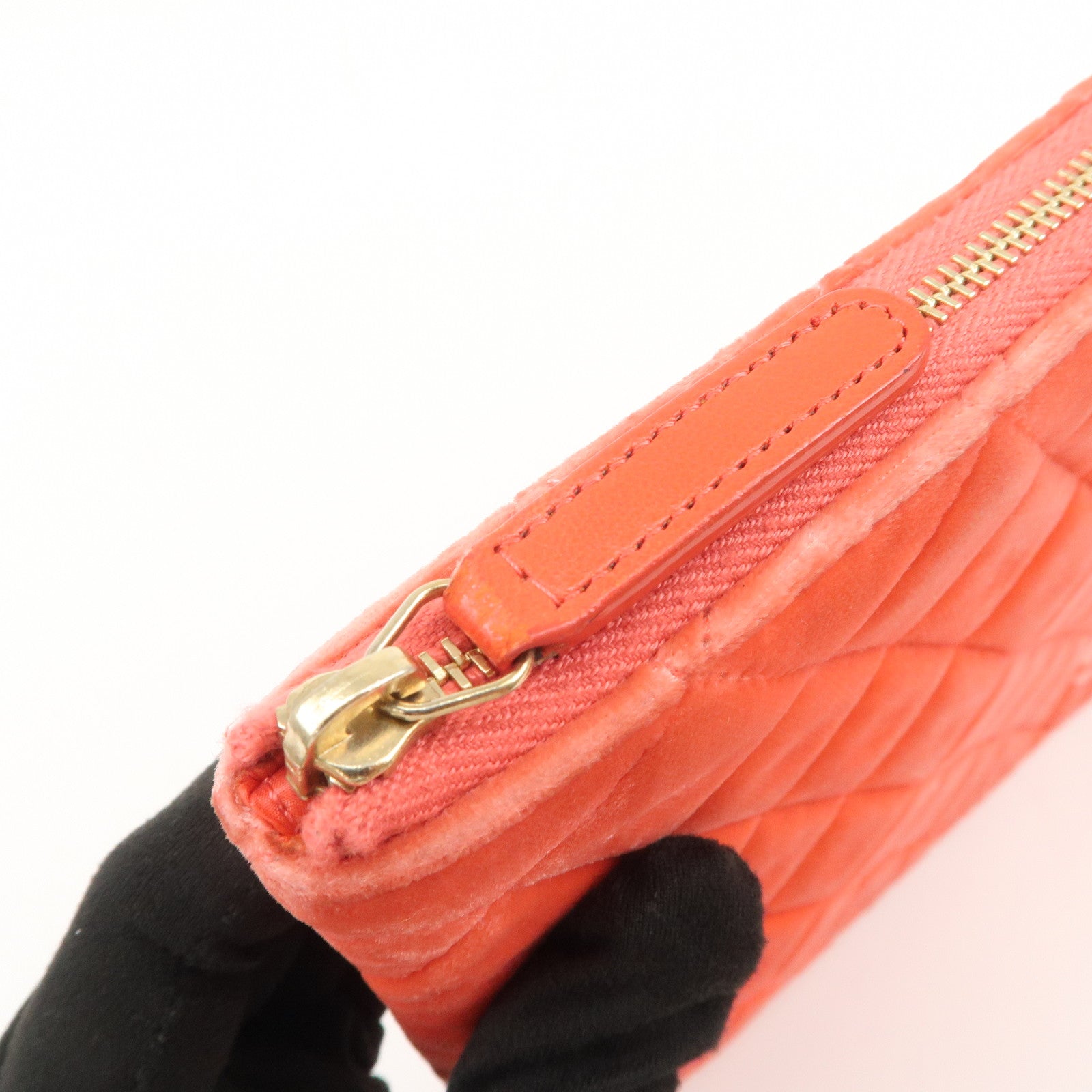 CHANEL COCO Mark Matelasse Velour Leather Clutch Bag Orange