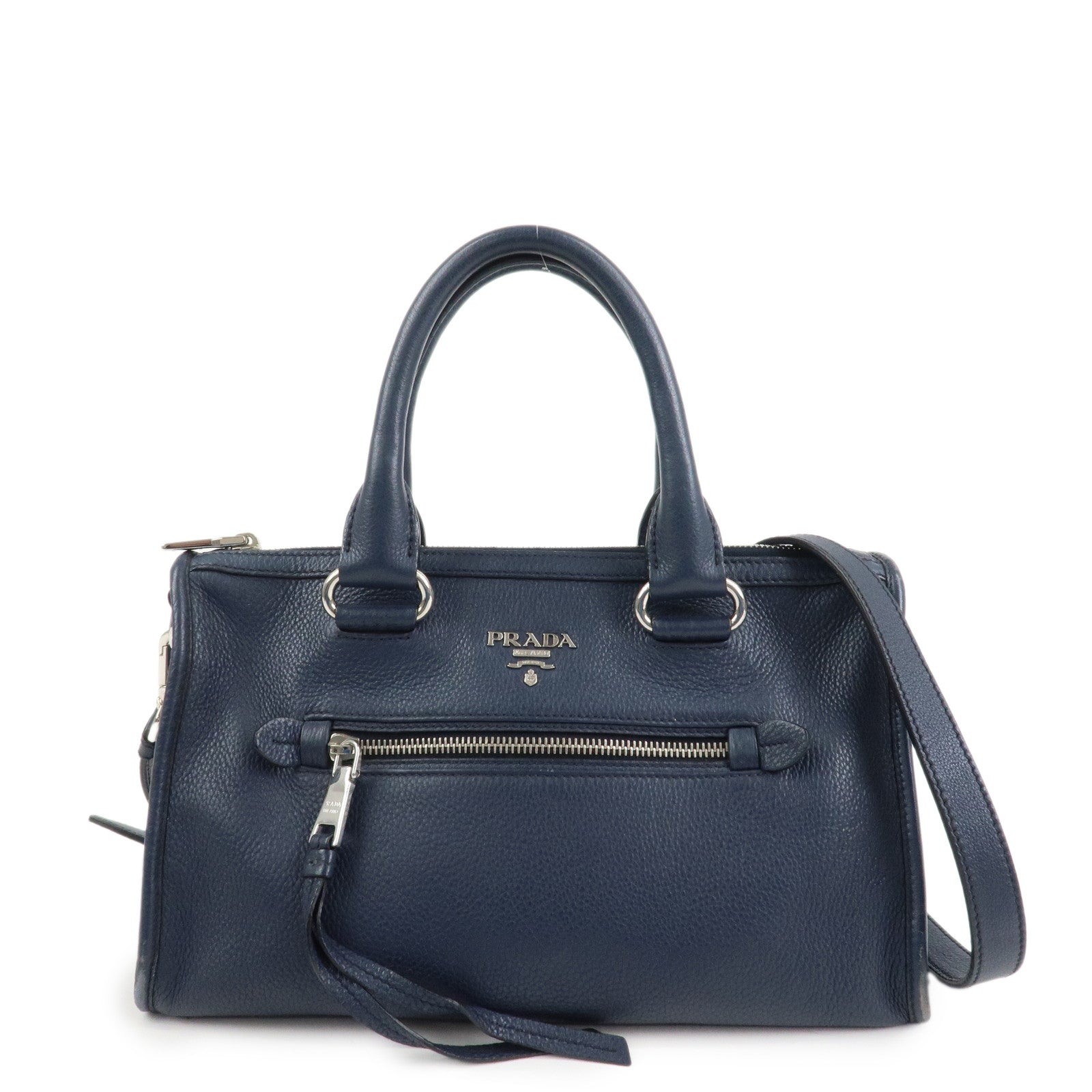 PRADA Logo Leather Vitello Phenix 2WAY Bag Hand Bag Navy 1BB022
