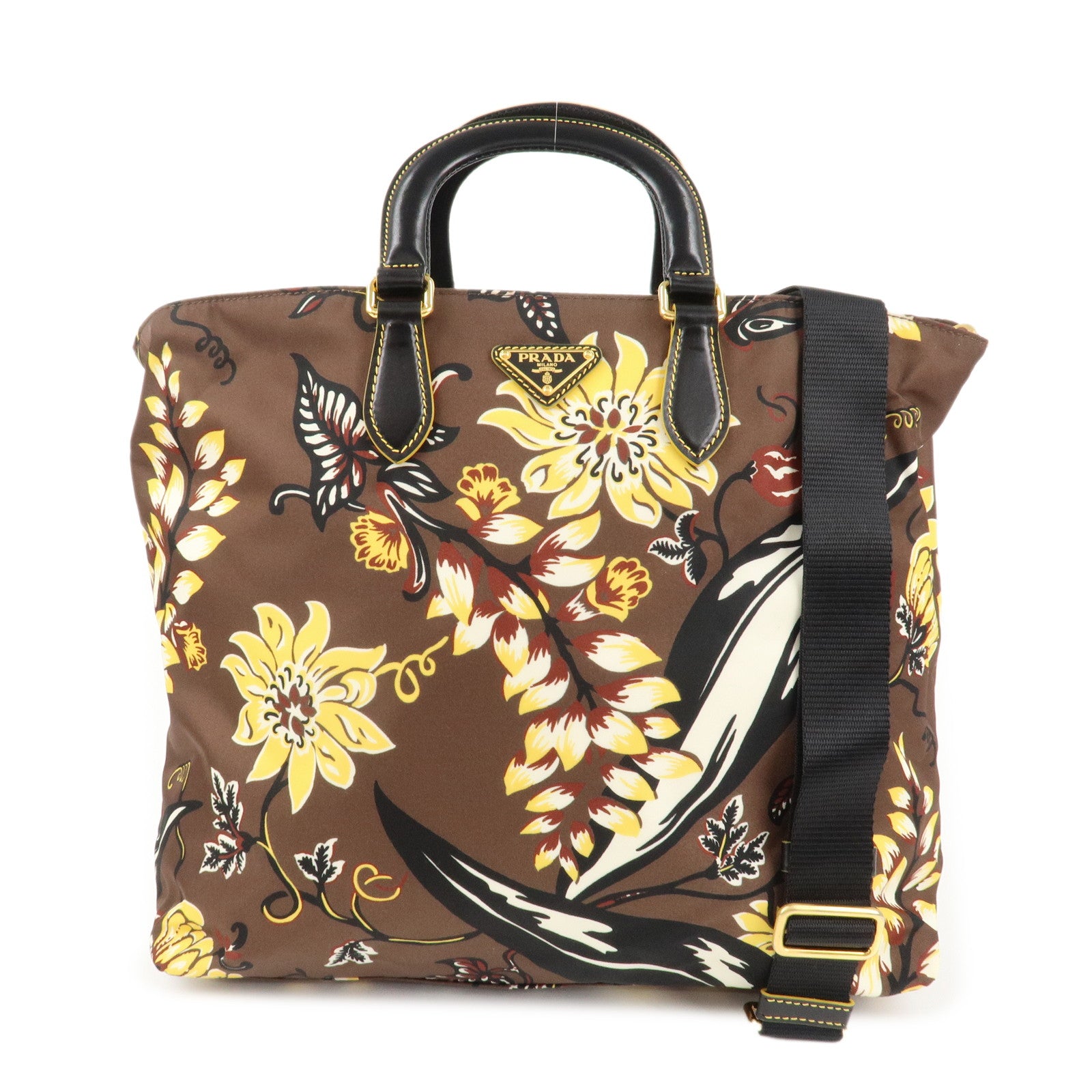 PRADA Triangle Logo Nylon Leather 2Way Bag Shoulder Bag Hand Bag Floral Print Brown Yellow BN2741 Used