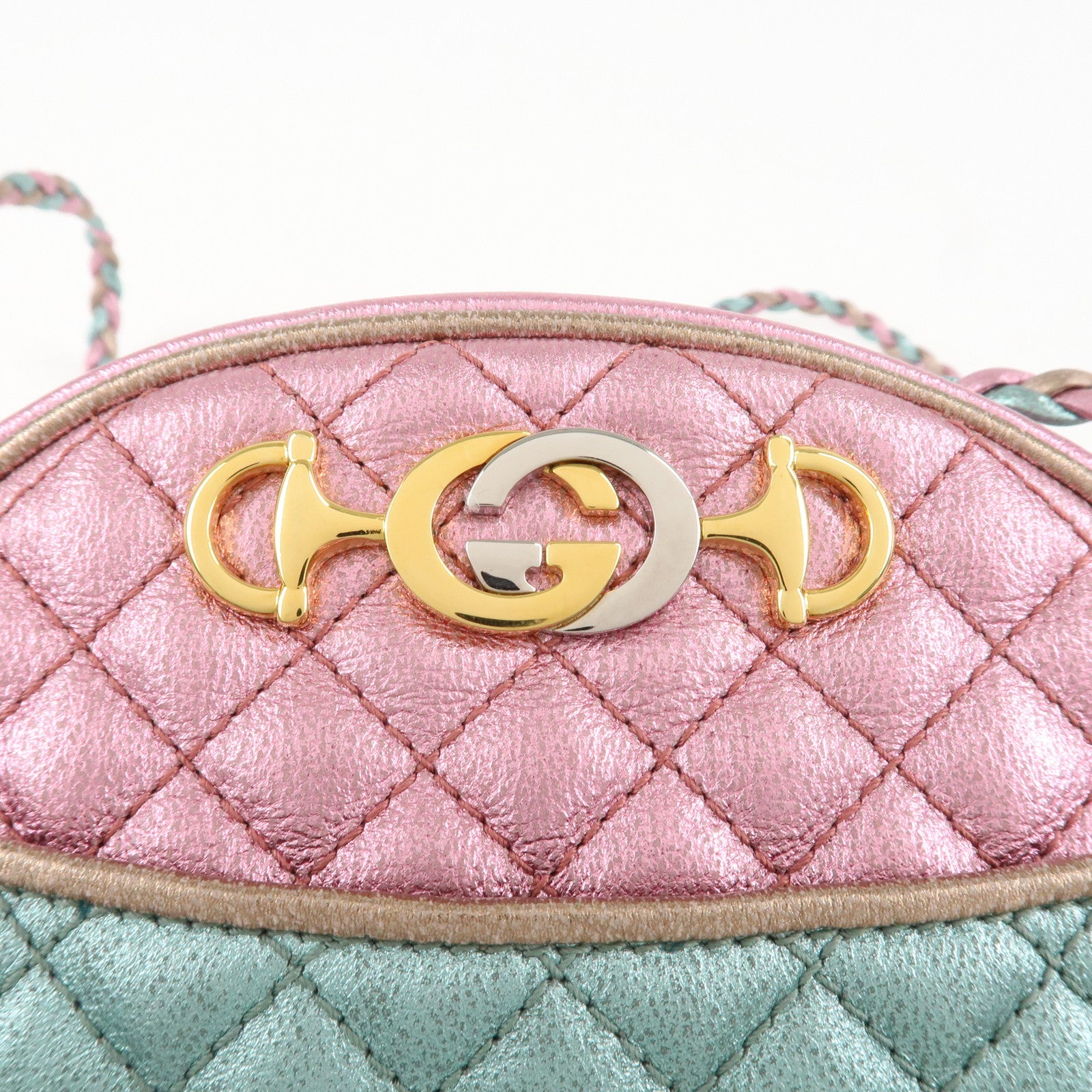 GUCCI Horsebit Leather Shoulder Bag Metallic Pink Blue 534951 Used