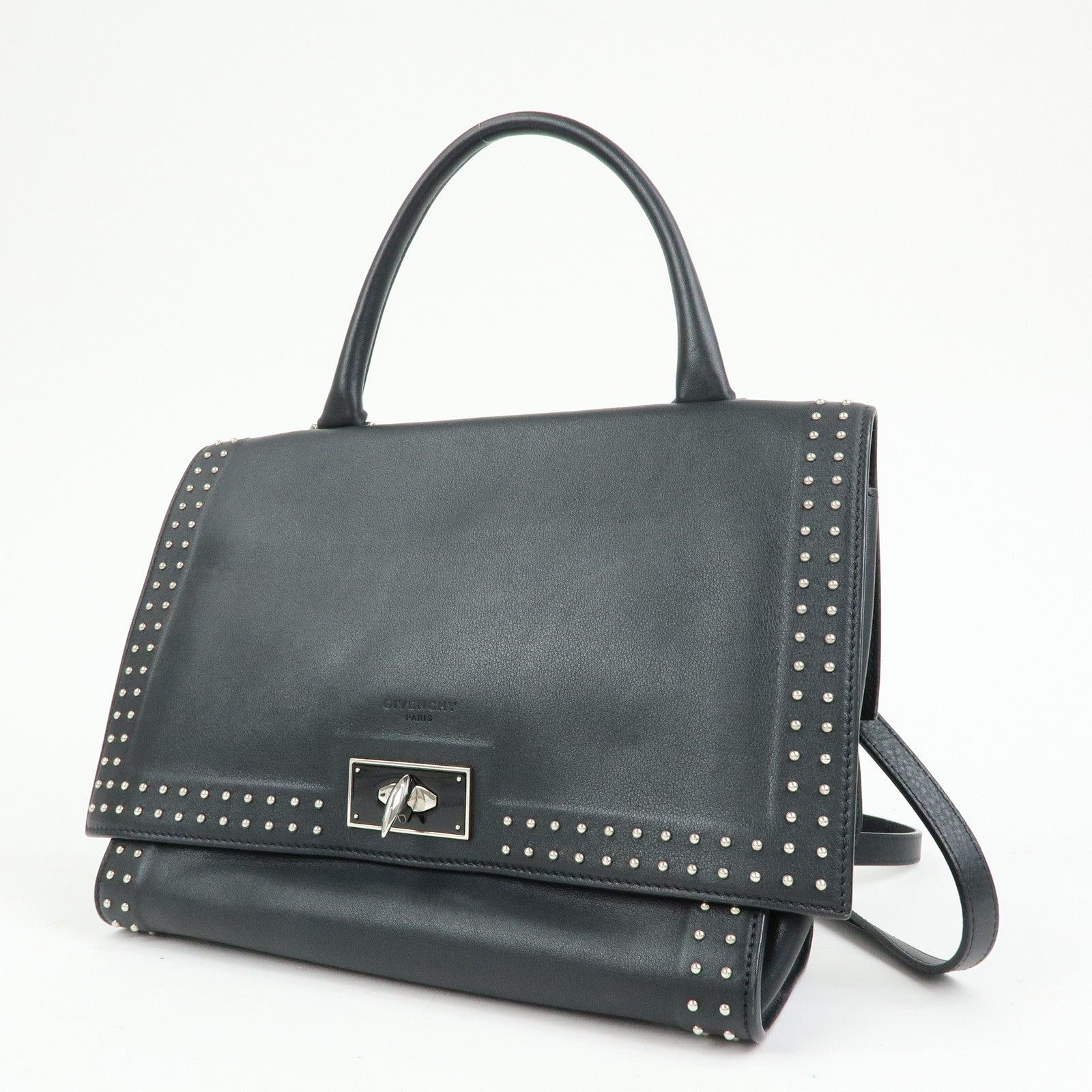 GIVENCHY Shark Studs Leather 2Way Bag Hand Shoulder Bag Black