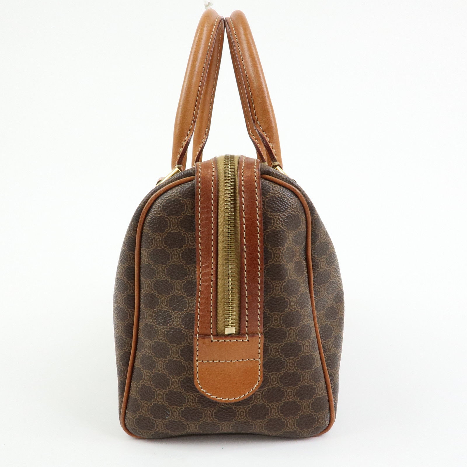 CELINE Logo Macadam PVC Leather Boston Bag Hand Bag Brown