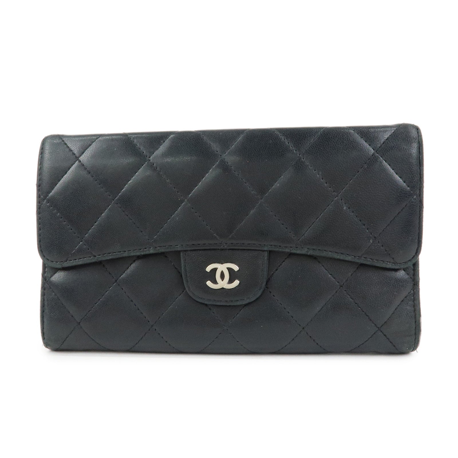CHANEL Matelasse Lamb Skin Long Flap Wallet Black Silver A82281