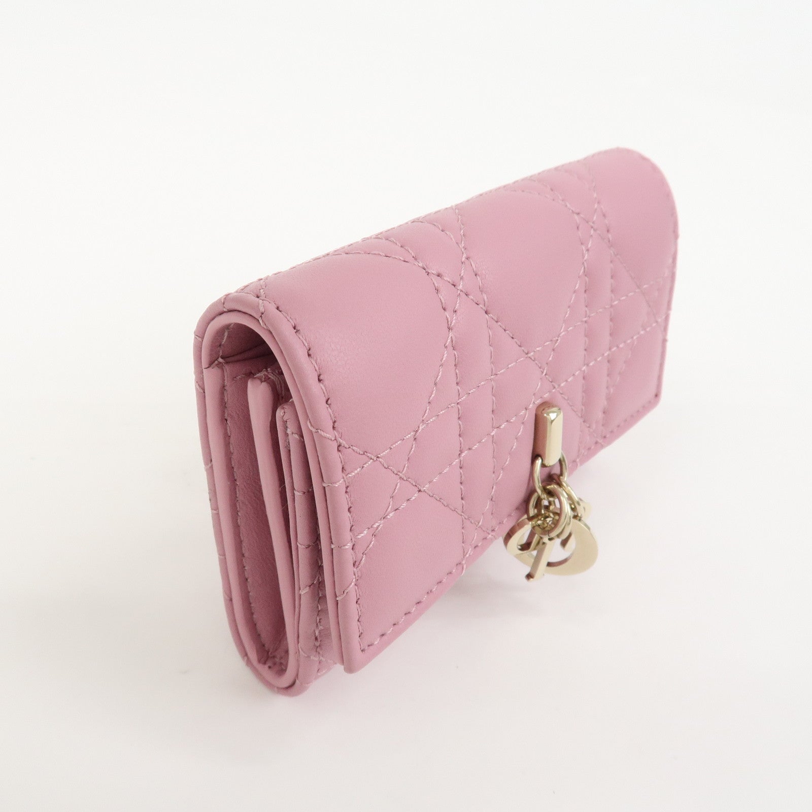 Christian Dior Cannage Logo Leather Bi-fold Compact Wallet Pink