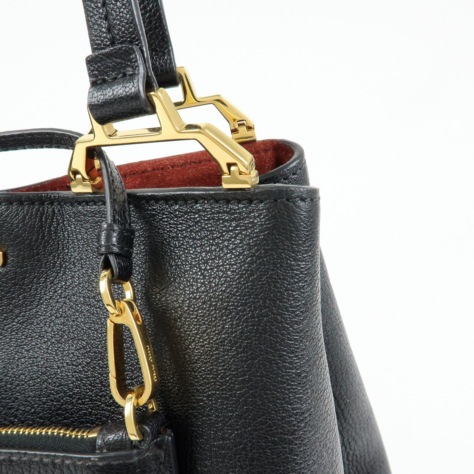 MIU MIU Logo Madras Leather Tote Bag Shoulder Bag Hand Bag Black