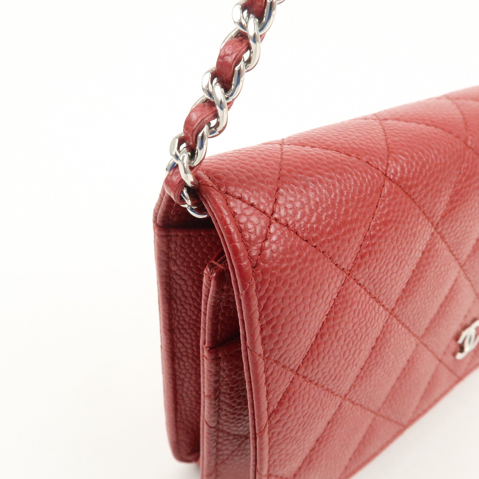 CHANEL Matelasse COCO Mark Caviarskin Chain Wallet Red A33814