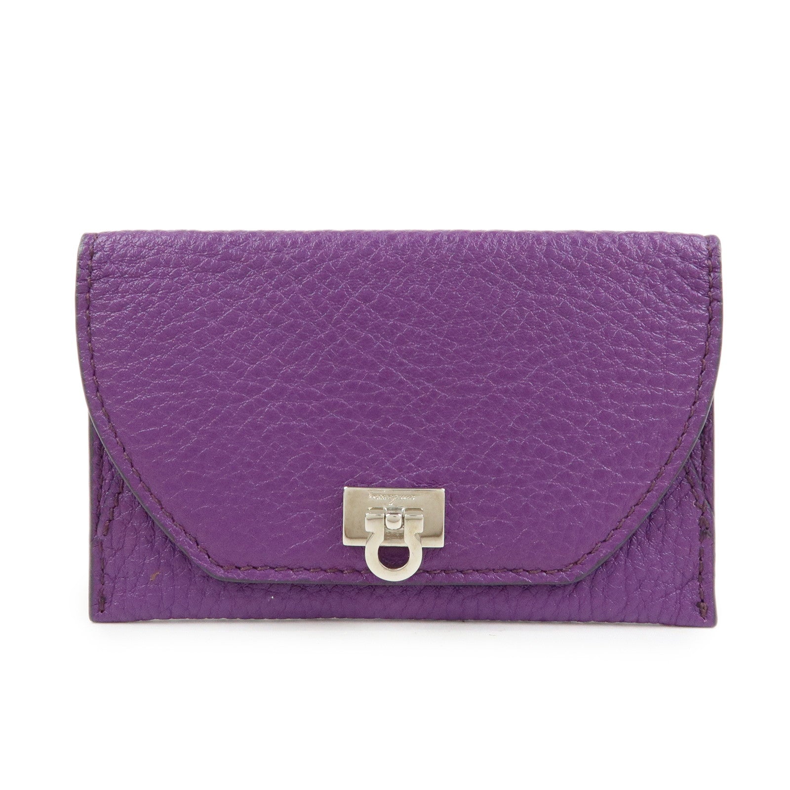 Ferragamo Gancini Leather Flap Button Card Case Purple Silver