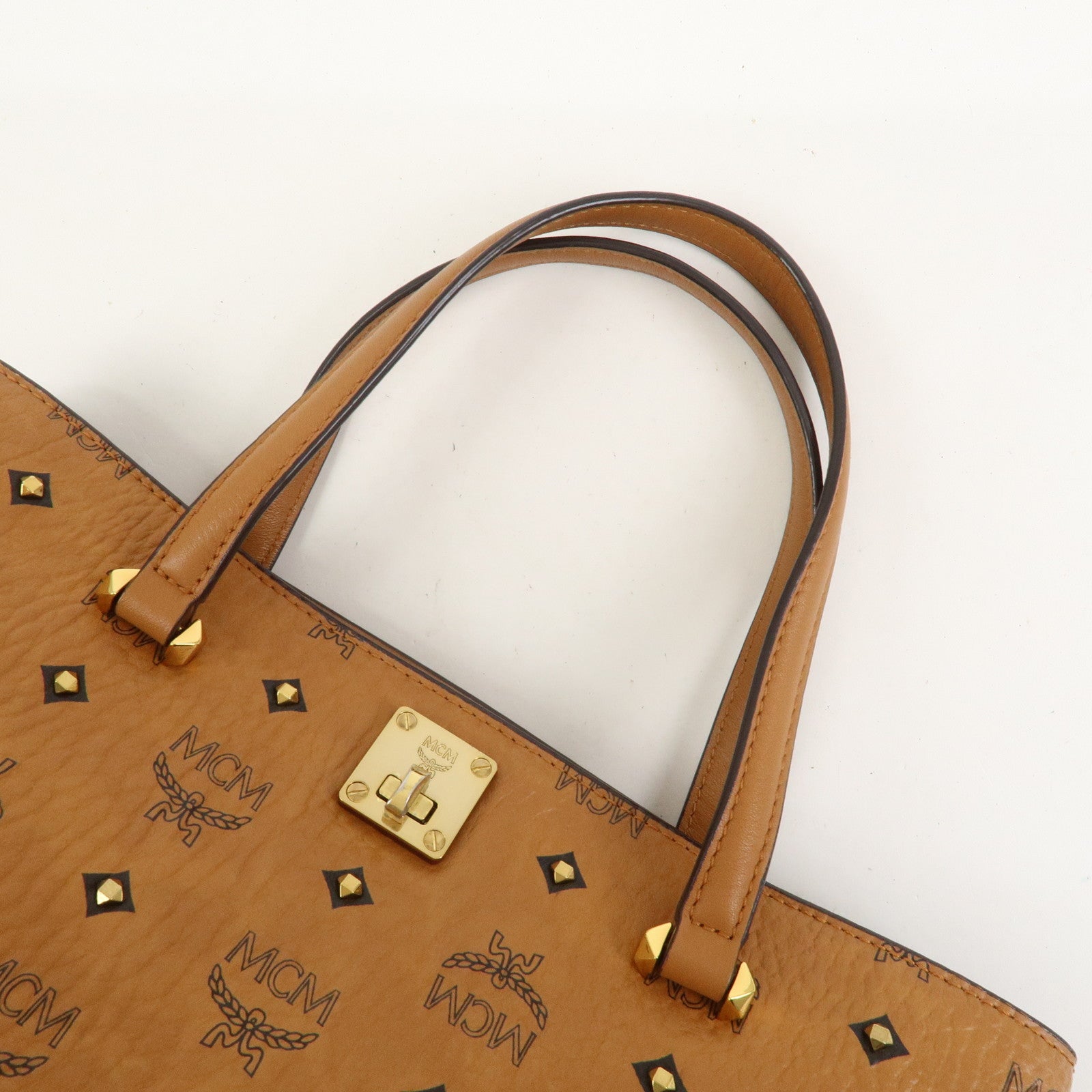 MCM Visetos PVC Leather 2Way Bag Hand Shoulder Bag Studs Cognac