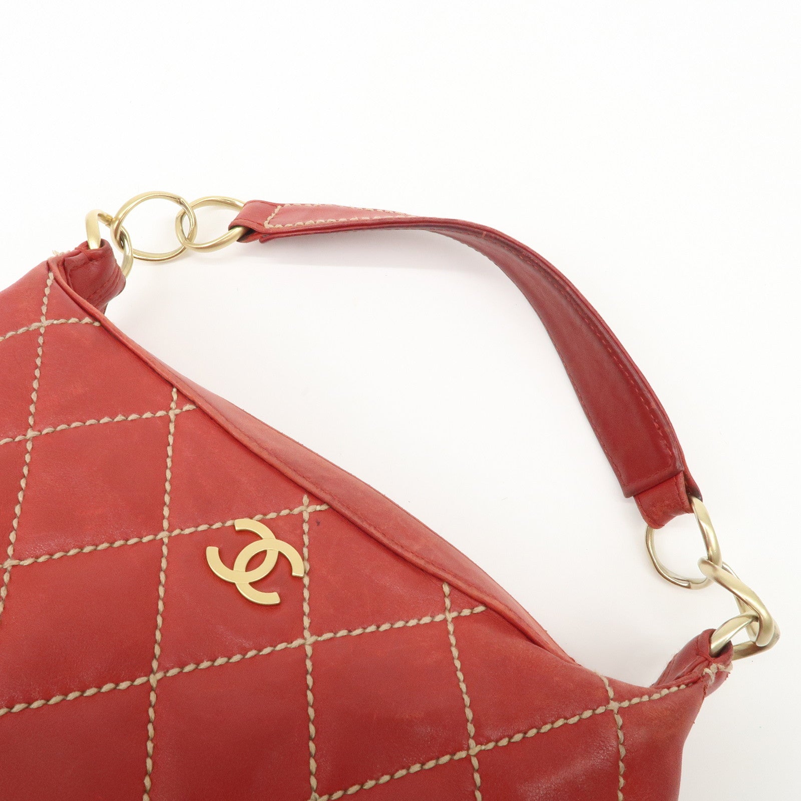 CHANEL COCO Mark Wild Stitch Lamb Skin Leather Hand Bag Red