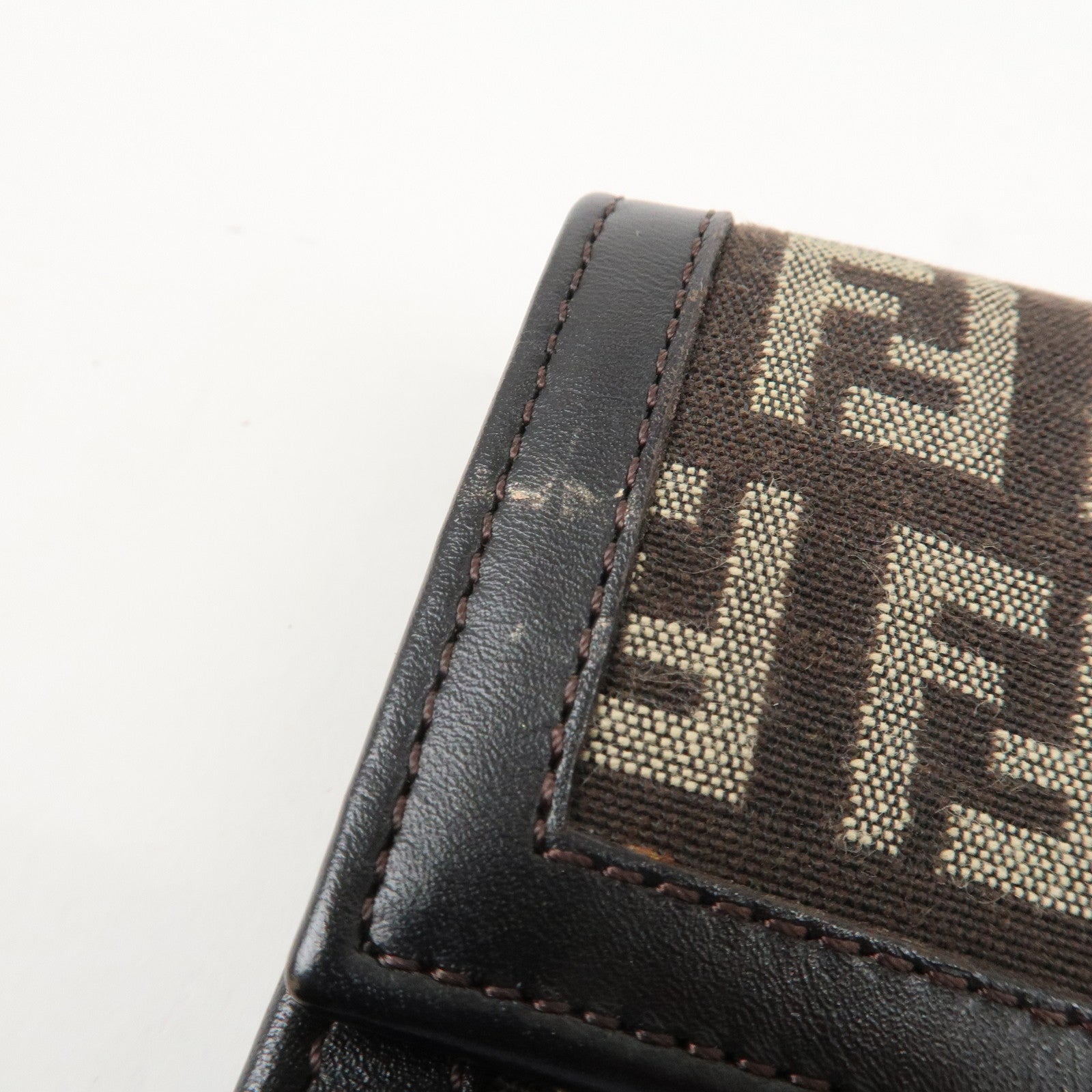 FENDI Zucchino Canvas Leather Bi-Fold Long Wallet Dark Brown 8M0021 Used