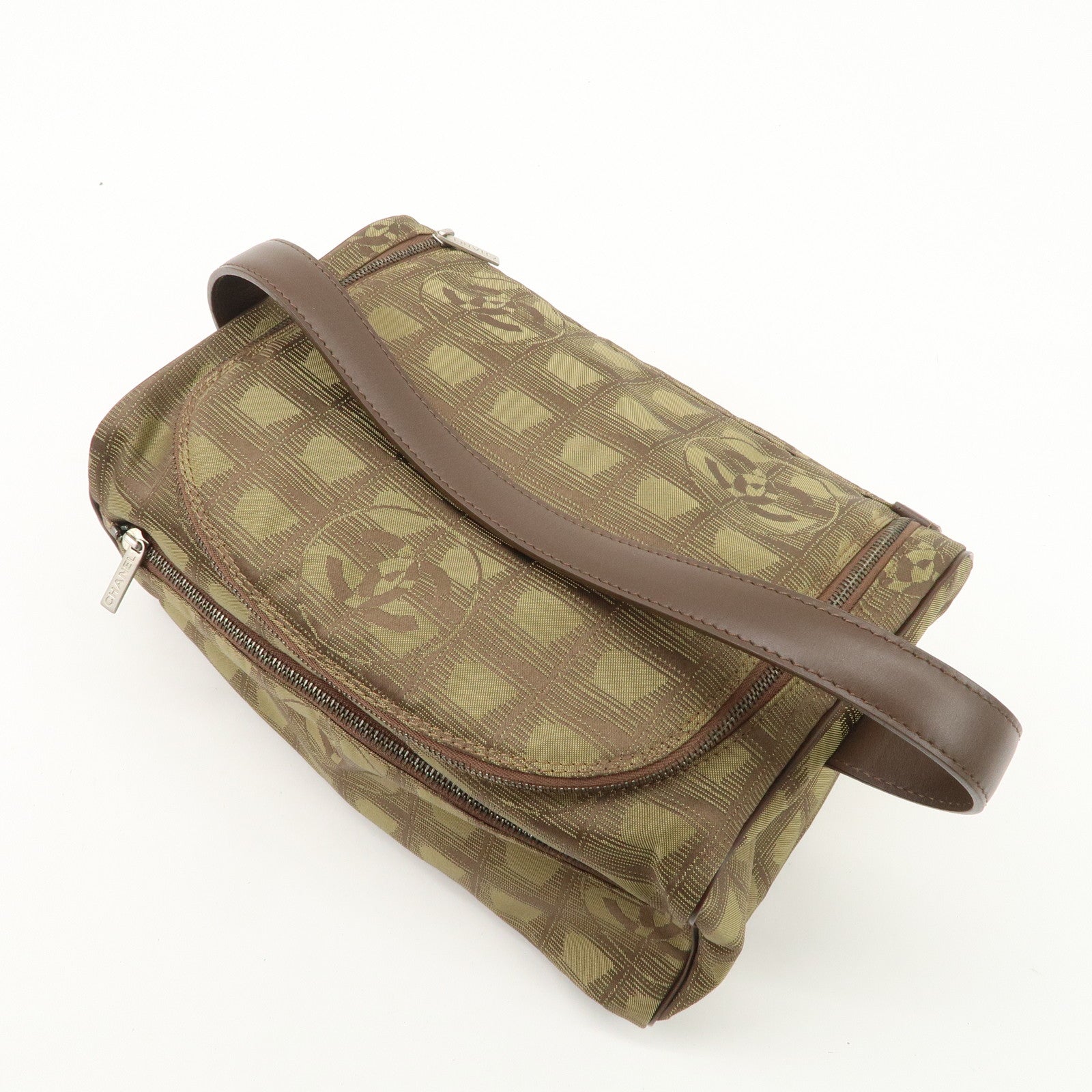 CCHANEL New Travel Line Nylon Jacquard Leather Vanity Bag Khaki A15829 Used