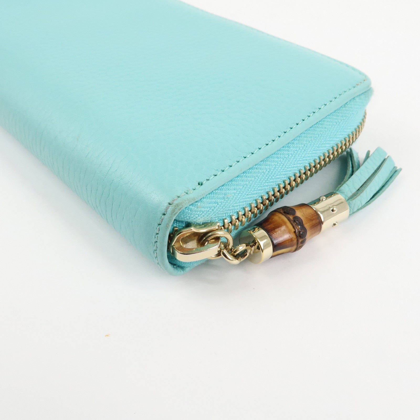 GUCCI Bamboo Leather Round Zippy Wallet Long Wallet Light Blue 307984 Used