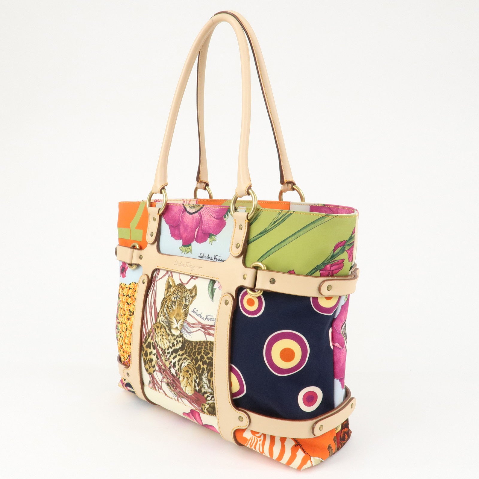 Ferragamo Gancini Nylon Leather Tote bag Shoulder Bag Multicolor