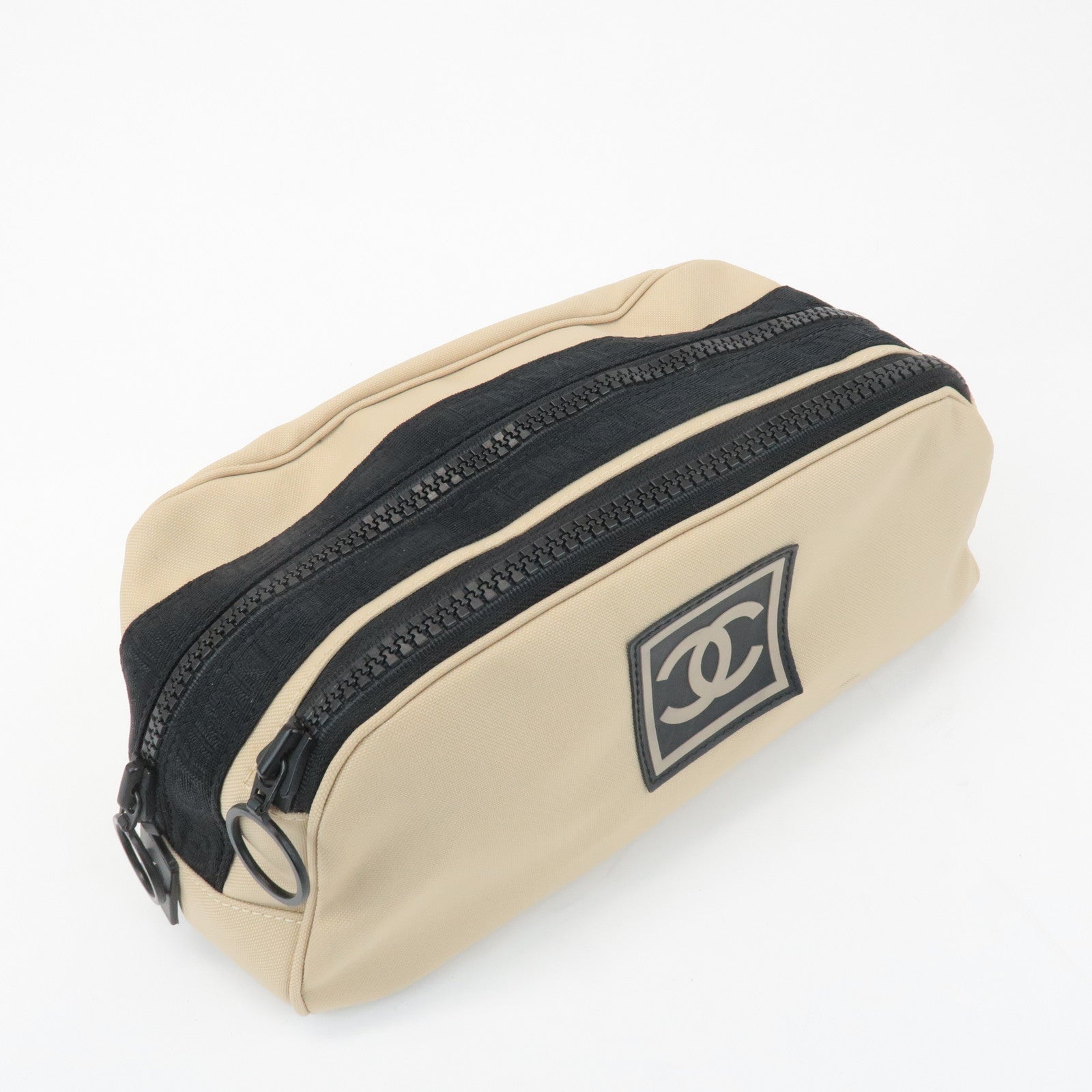 CHANEL Sports Line Nylon Leather Pouch Beige Black