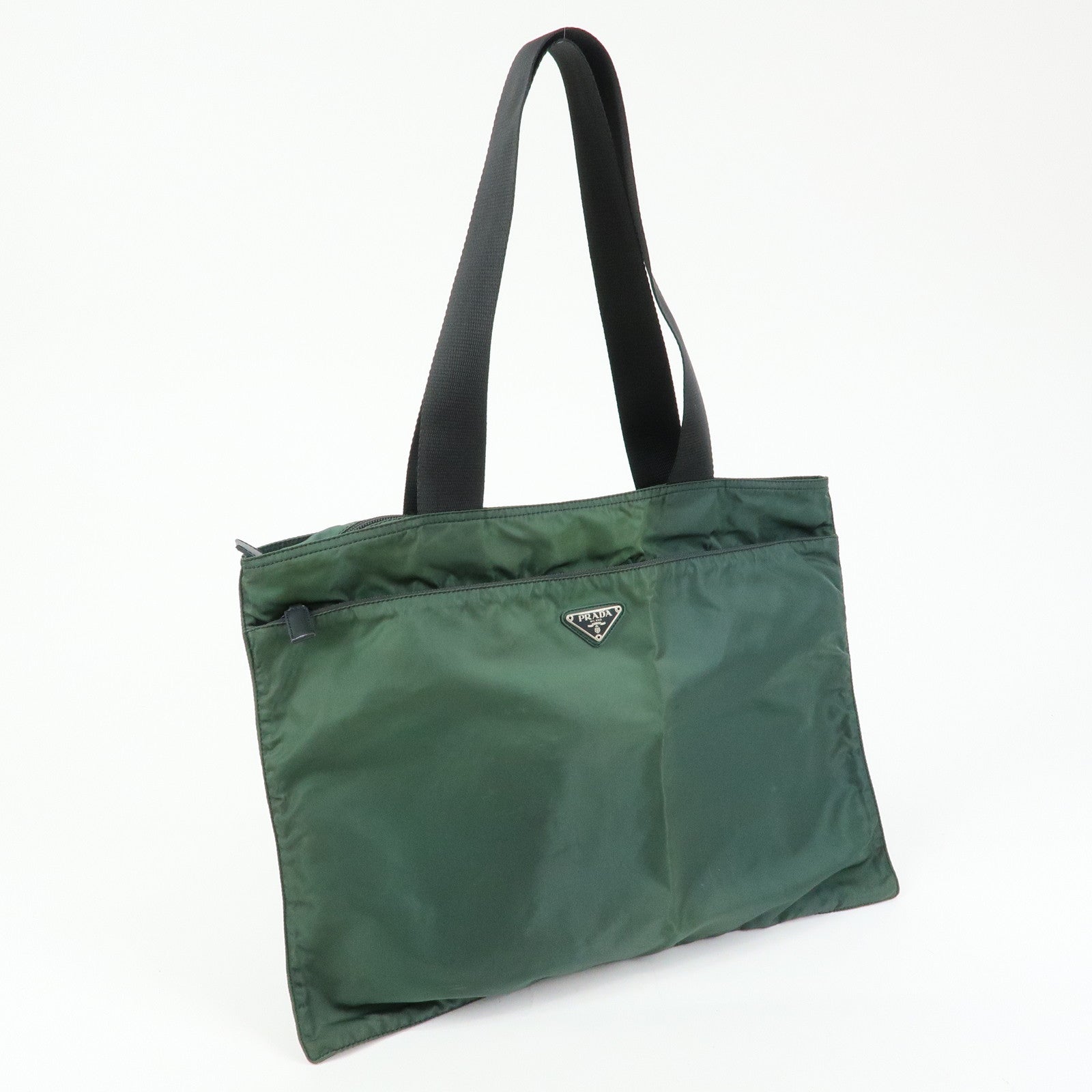 PRADA Triangle Logo Nylon Leather Tote Bag Hand Bag Moss Green
