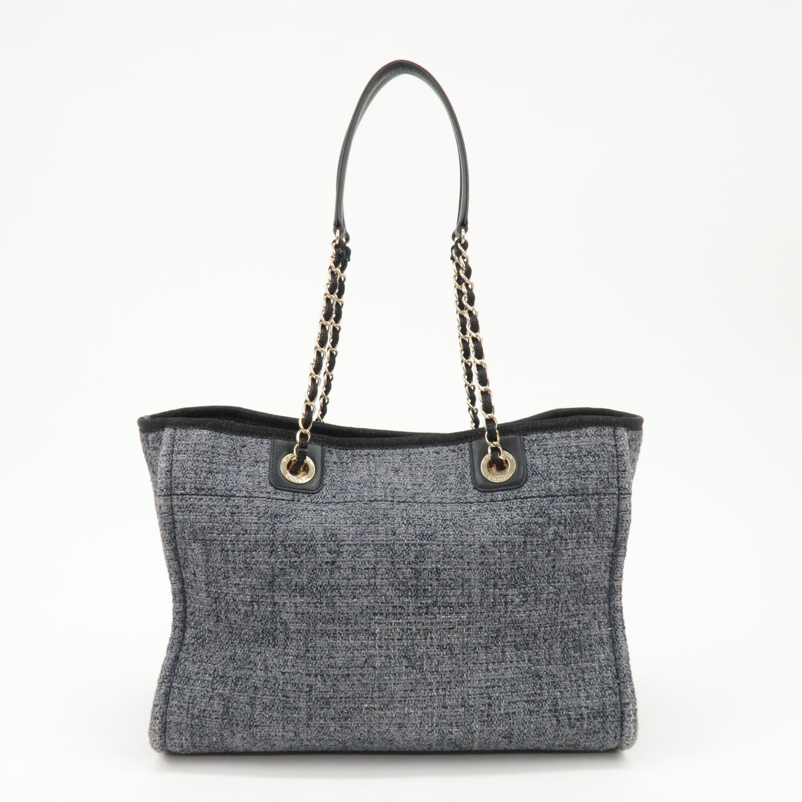 CHANEL Deauville Raffia Leather Chain Tote Bag MM Navy A66941 Used