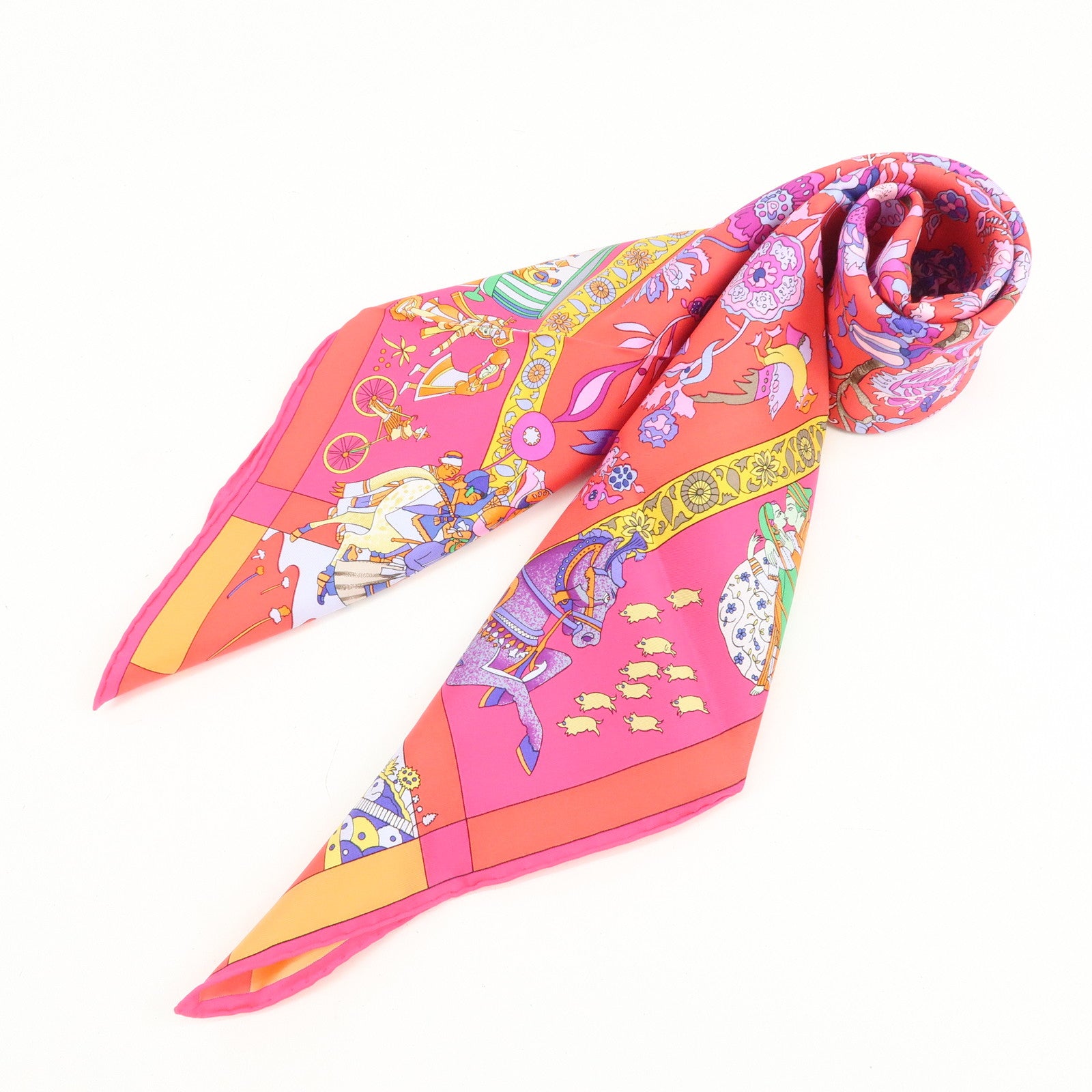 HERMES Carre 90 Silk 100% Scarf Fantaisies Indiennes Pink Red