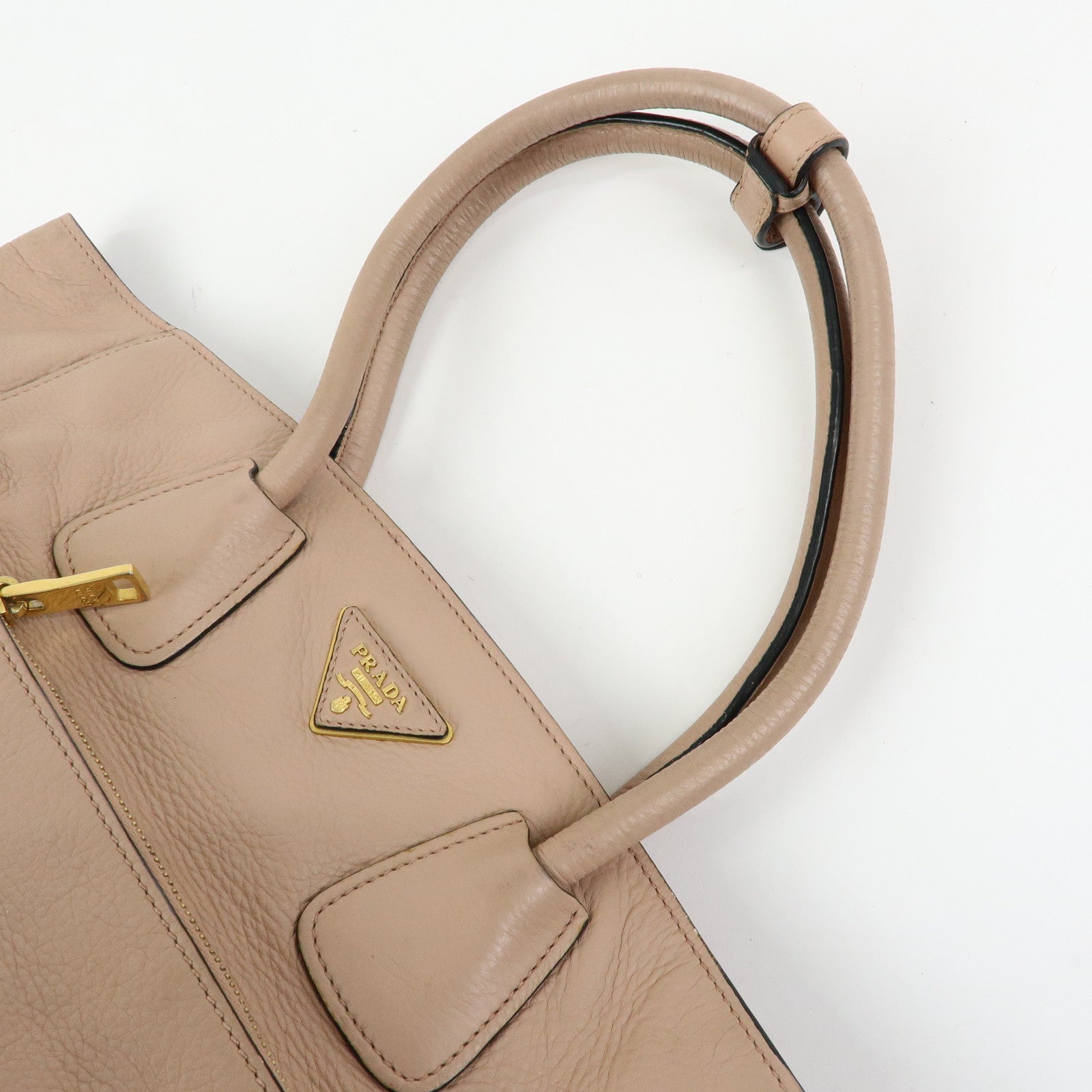 PRADA Triangle Logo Leather Tote Bag Shoulder Bag Pink Beige