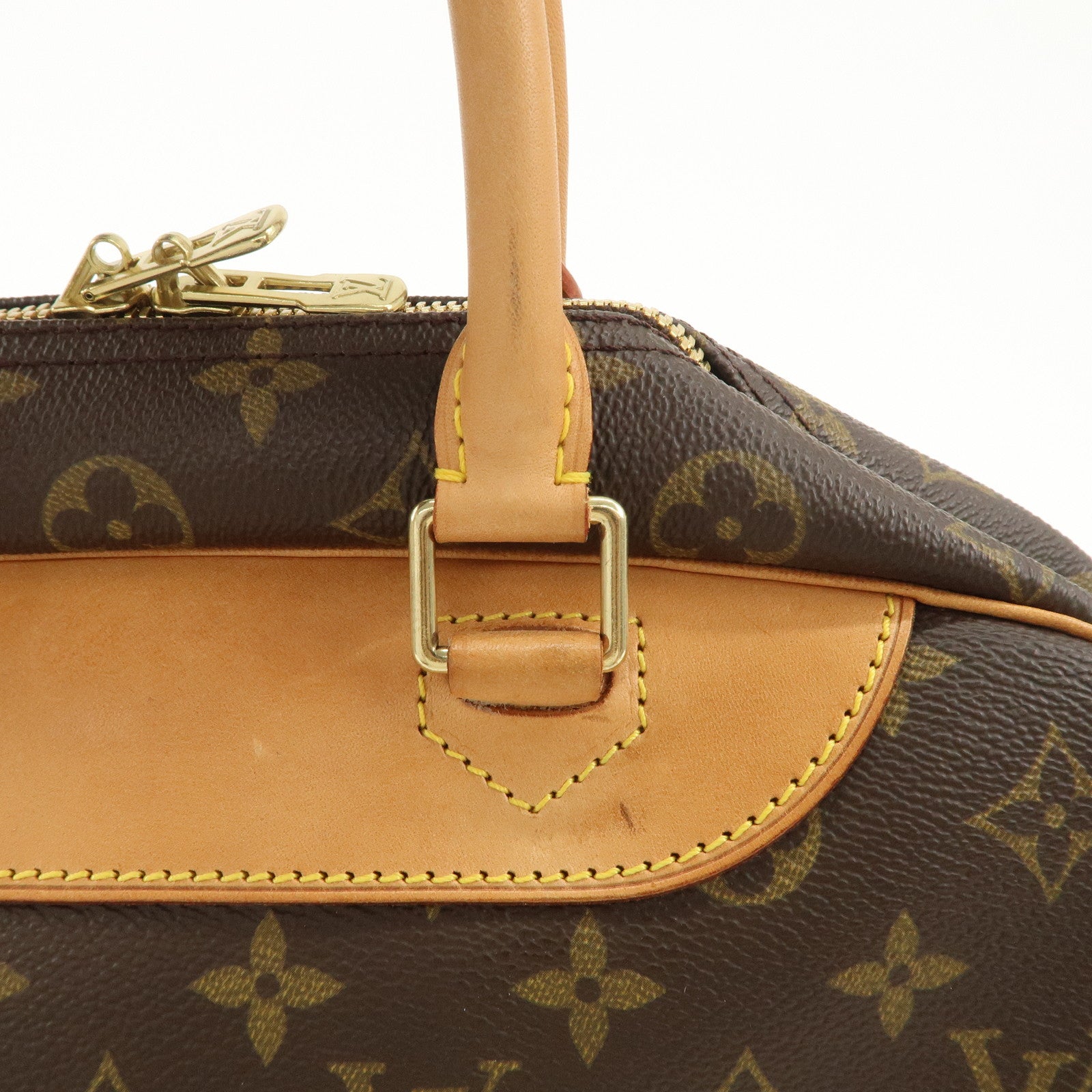 Louis Vuitton Leather Canvas Monogram Deauville Hand Bag Boston Bag Brown Gold Hardware M47270 Used