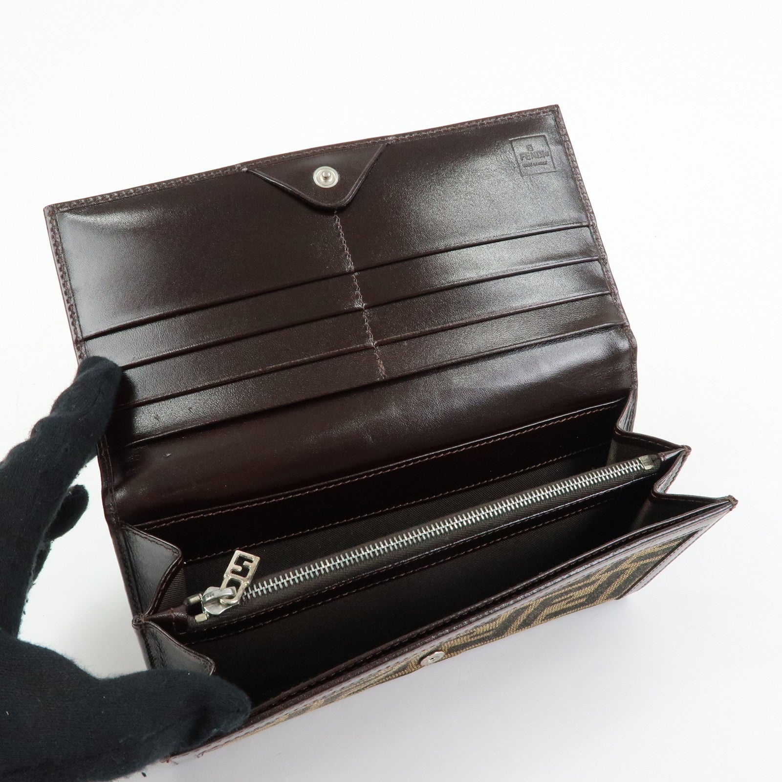 FENDI Zucca Canvas Leather Bi-fold Long Wallet Brown 30851
