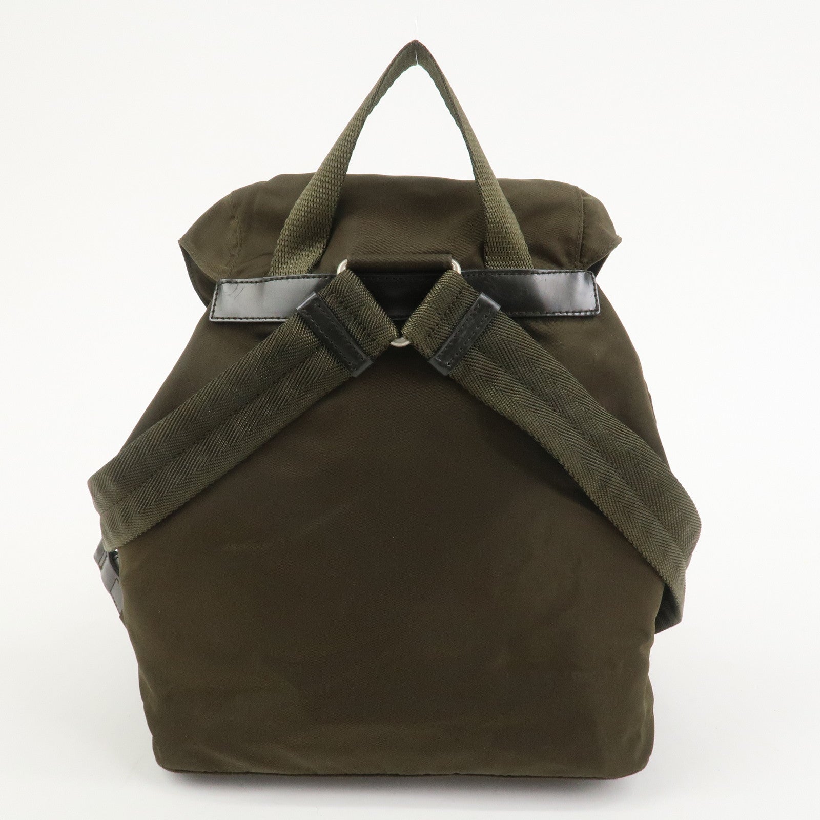 PRADA Triangle Logo Nylon Leather Backpack Rucksack Khaki B6677
