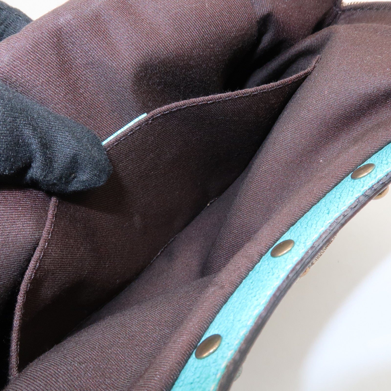 GUCCI Bamboo GG Canvas Leather Hand Bag Brown Light Blue 124297