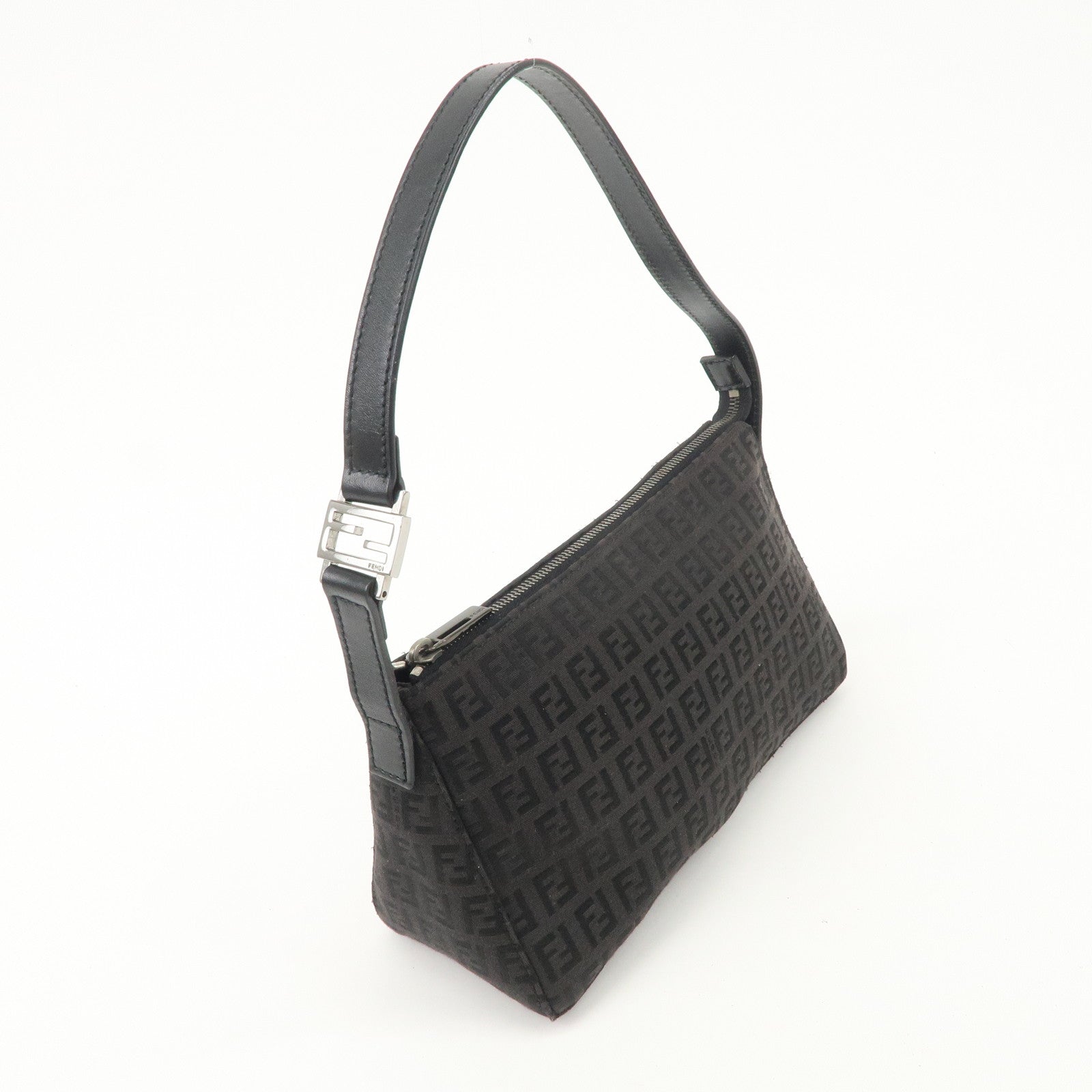 FENDI Zucchino Canvas Leather Shoulder Bag Black Brown 8BR444 Used