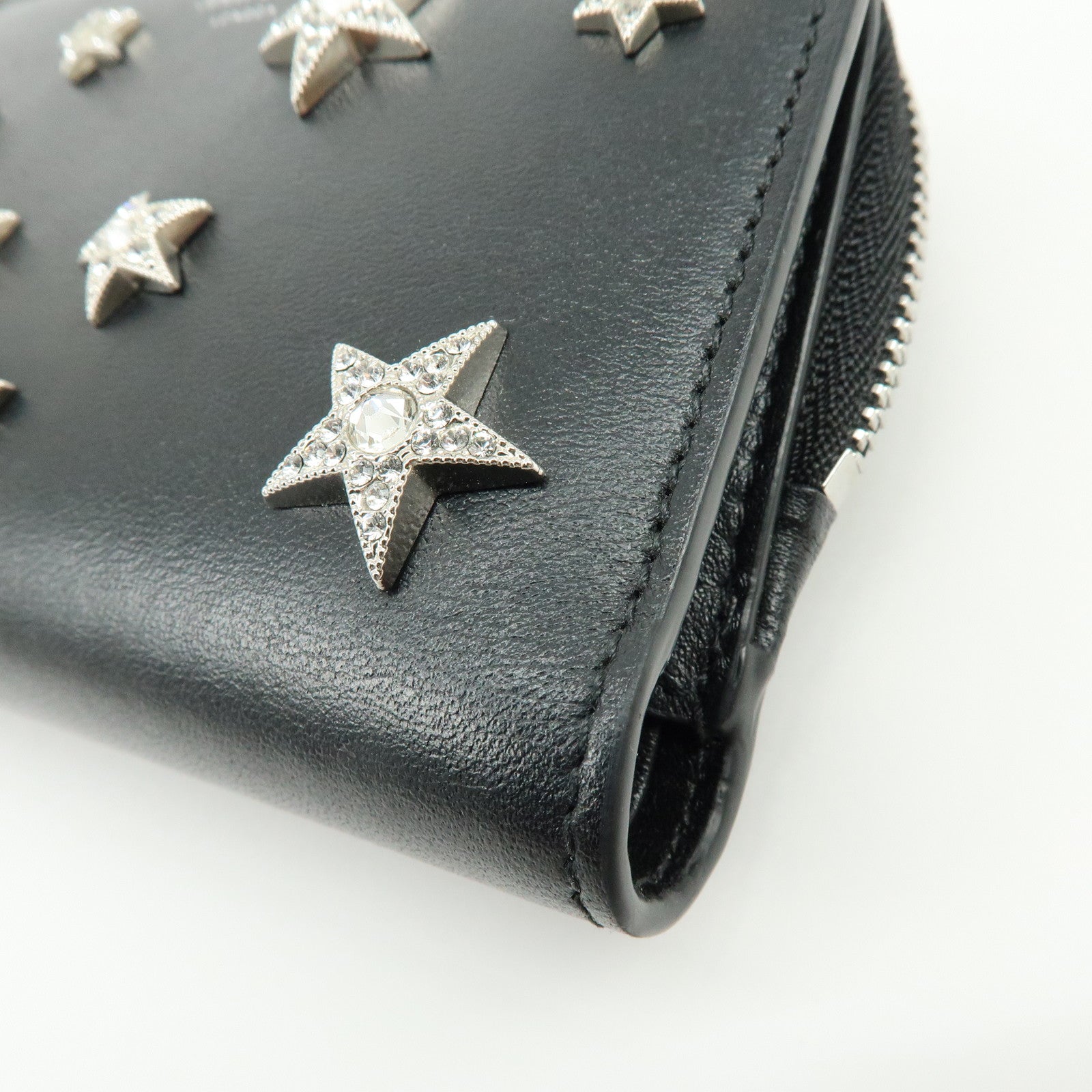 JIMMY CHOO Leather Compact Zippy Wallet Star Studs Black