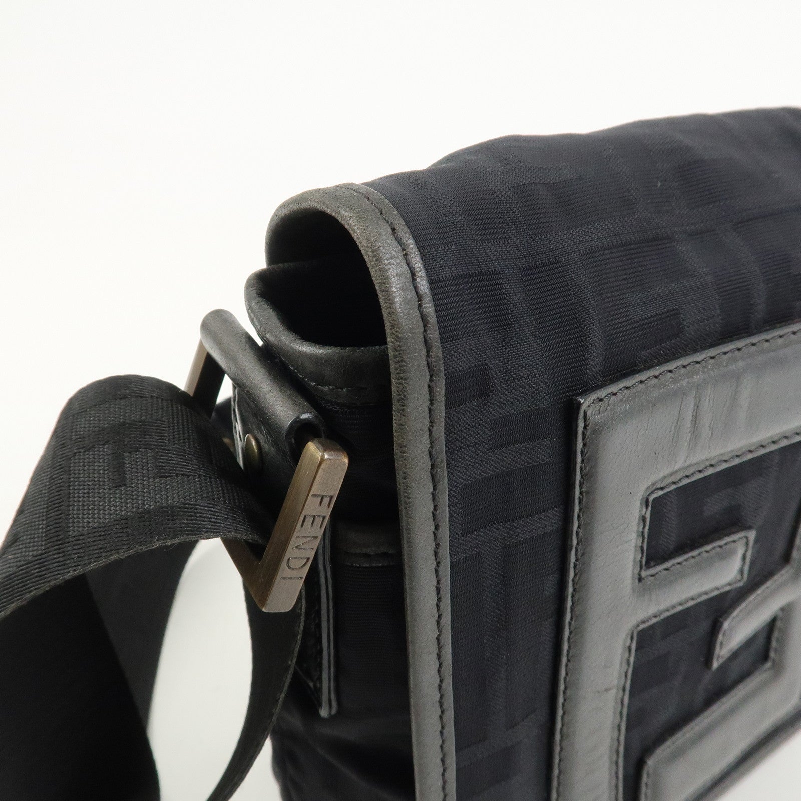 FENDI Zucca Canvas Leather Shoulder Bag Crossbody Bag Black7VA155