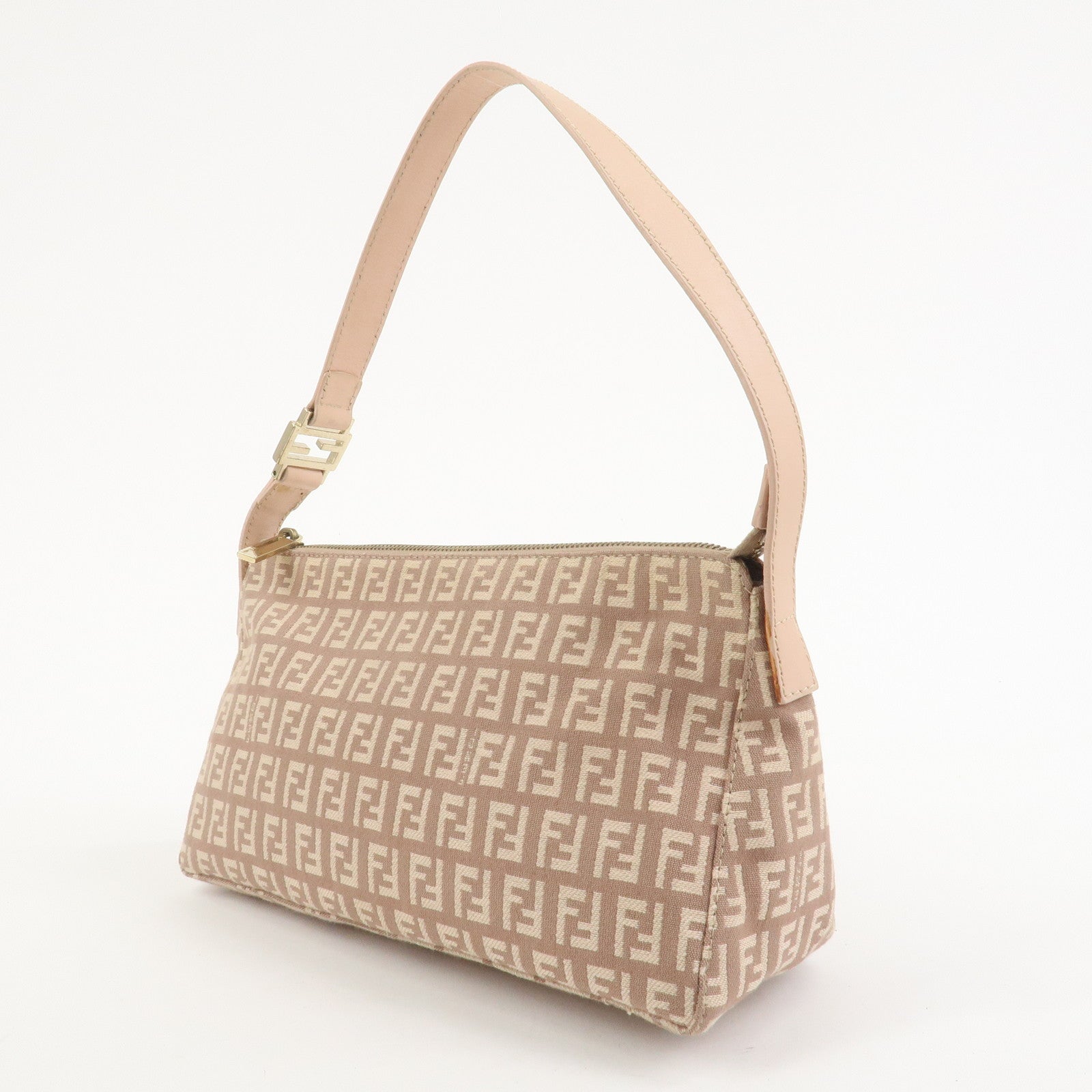 FENDI Zucchino Canvas Leather Shoulder Hand Bag Pink Beige 8BR444