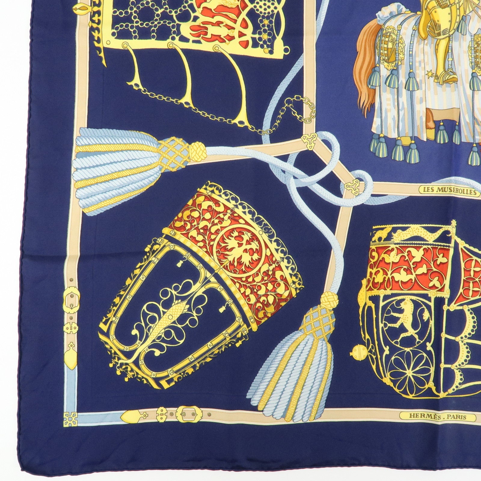 HERMES Carre 90 Silk 100% Scarf LES MUSEROLLES Navy Yellow