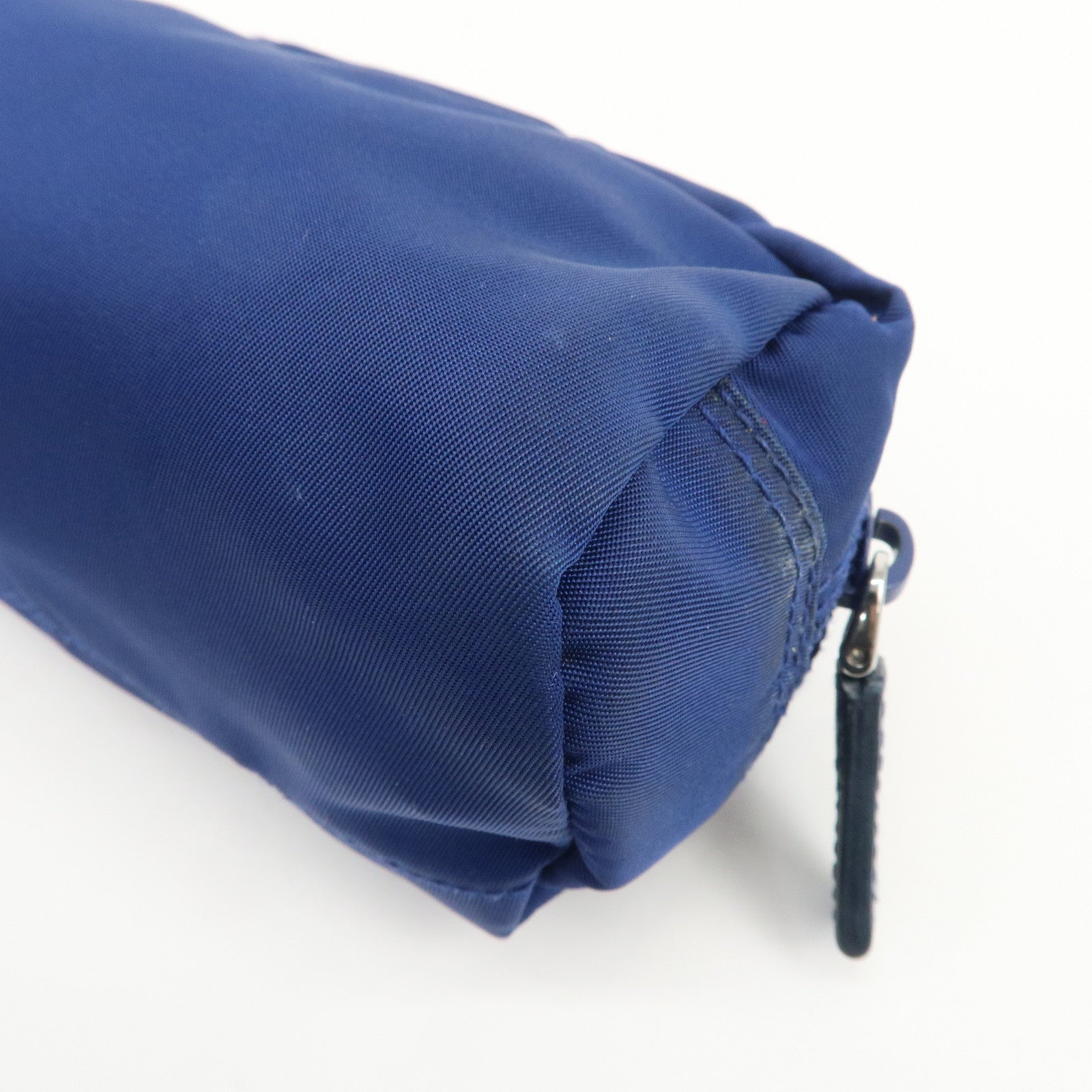 PRADA Triangle Logo Nylon Leather Cosmetic Pouch Blue 1N0175