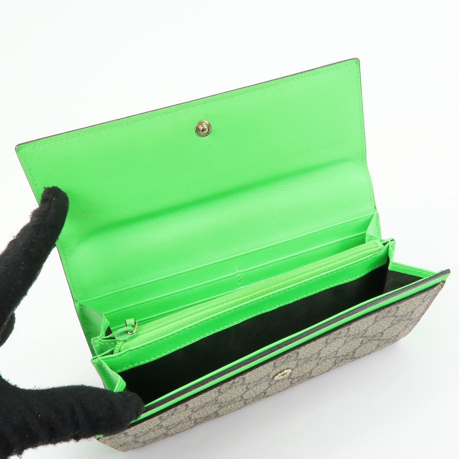 GUCCI GG Supreme Leather Long Flap Wallet Beige Green 323223