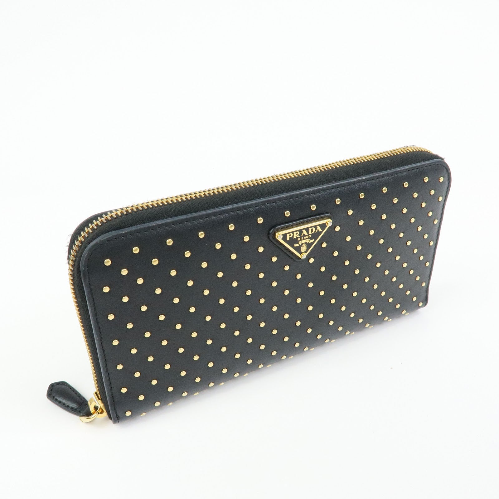 PRADA Triangle Logo Studs Leather Round Zippy Long Wallet Black