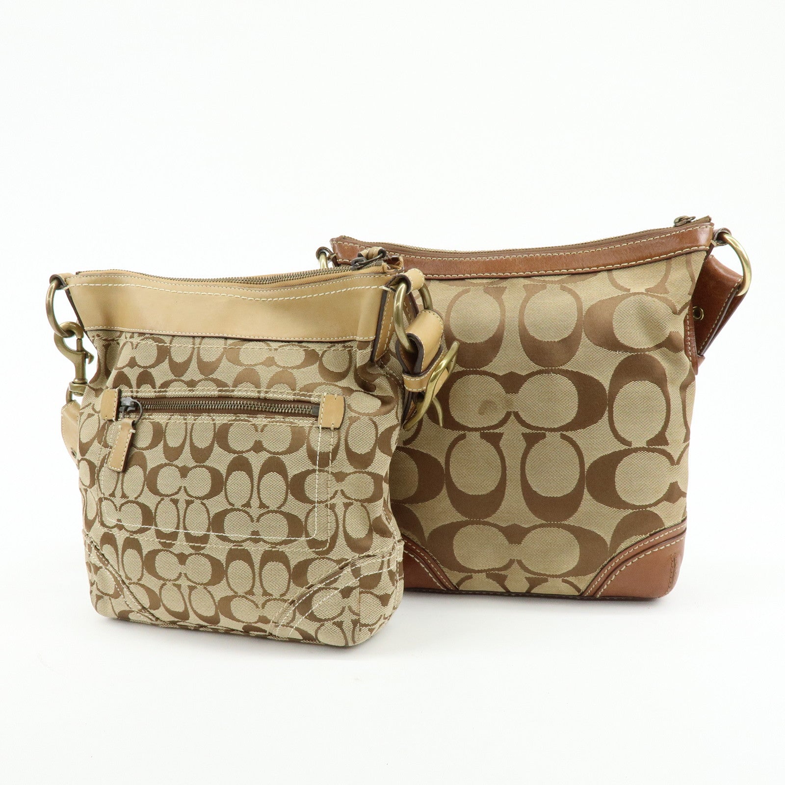 COACH Signature Set of 2 Canvas Leather Shoulder Bag Beige Camel