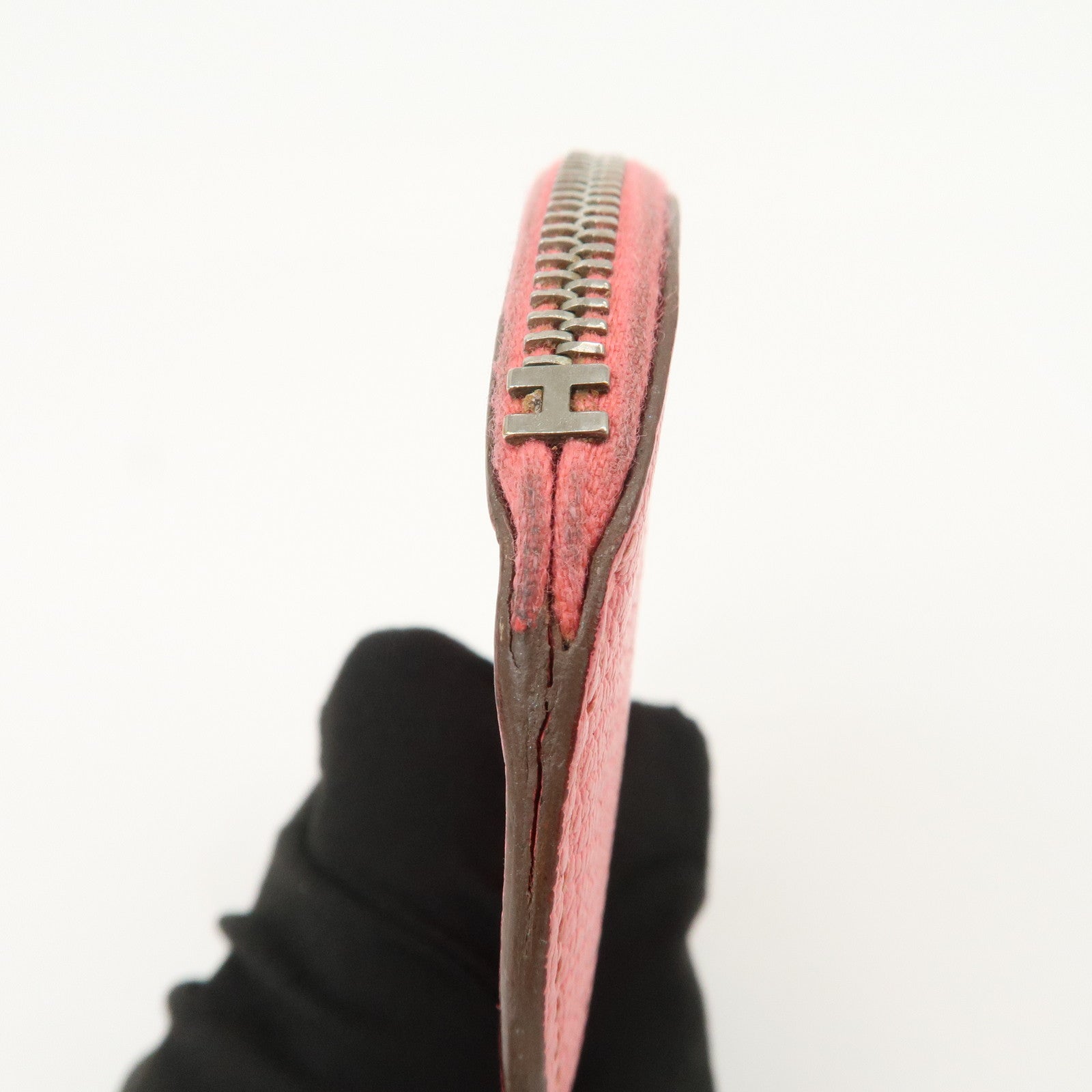 HERMES Leather Evelyne Coin Case P Engraved Rose Azalee Silver HDW