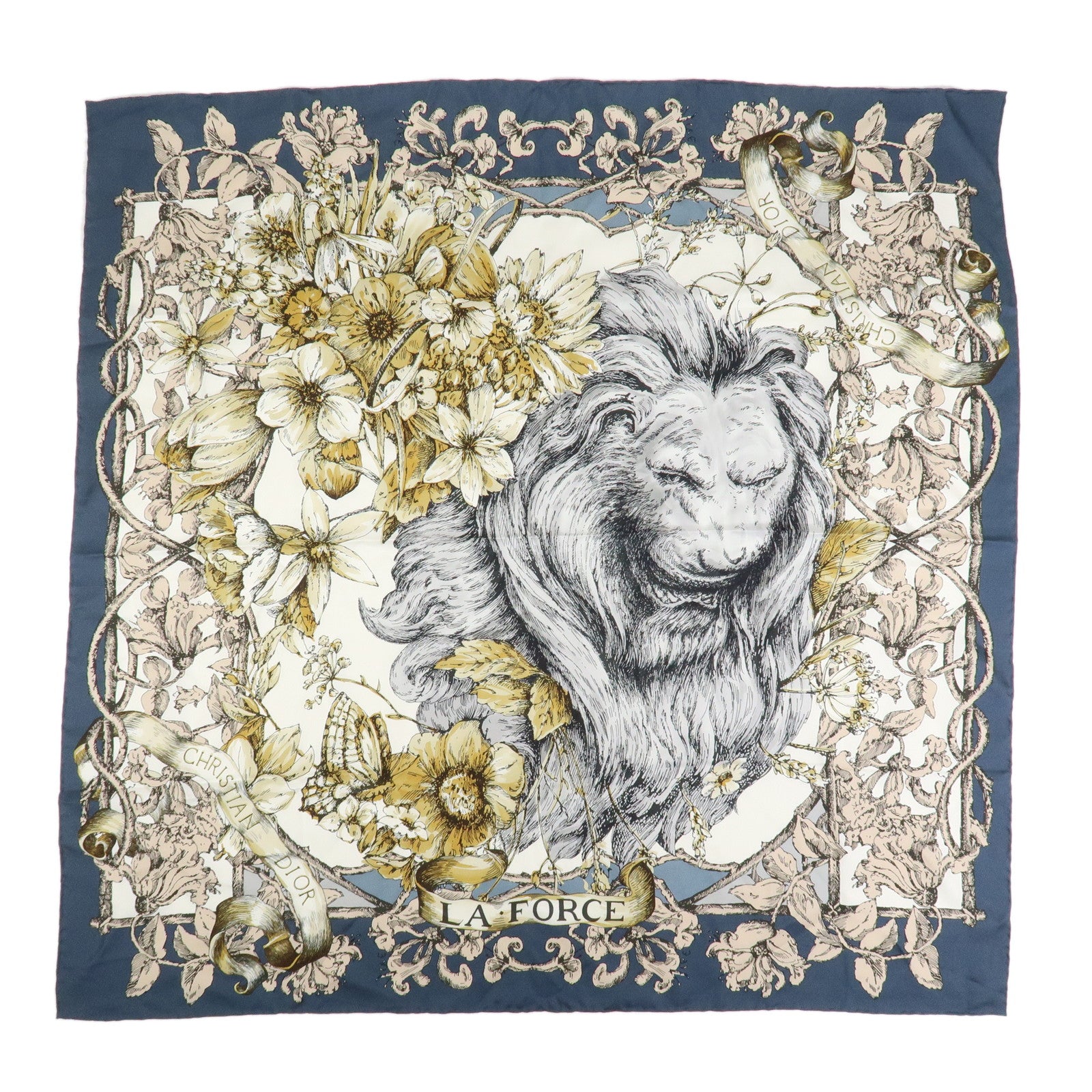 Christian Dior Logo Silk 100% Lion Flowers Scarf White Navy