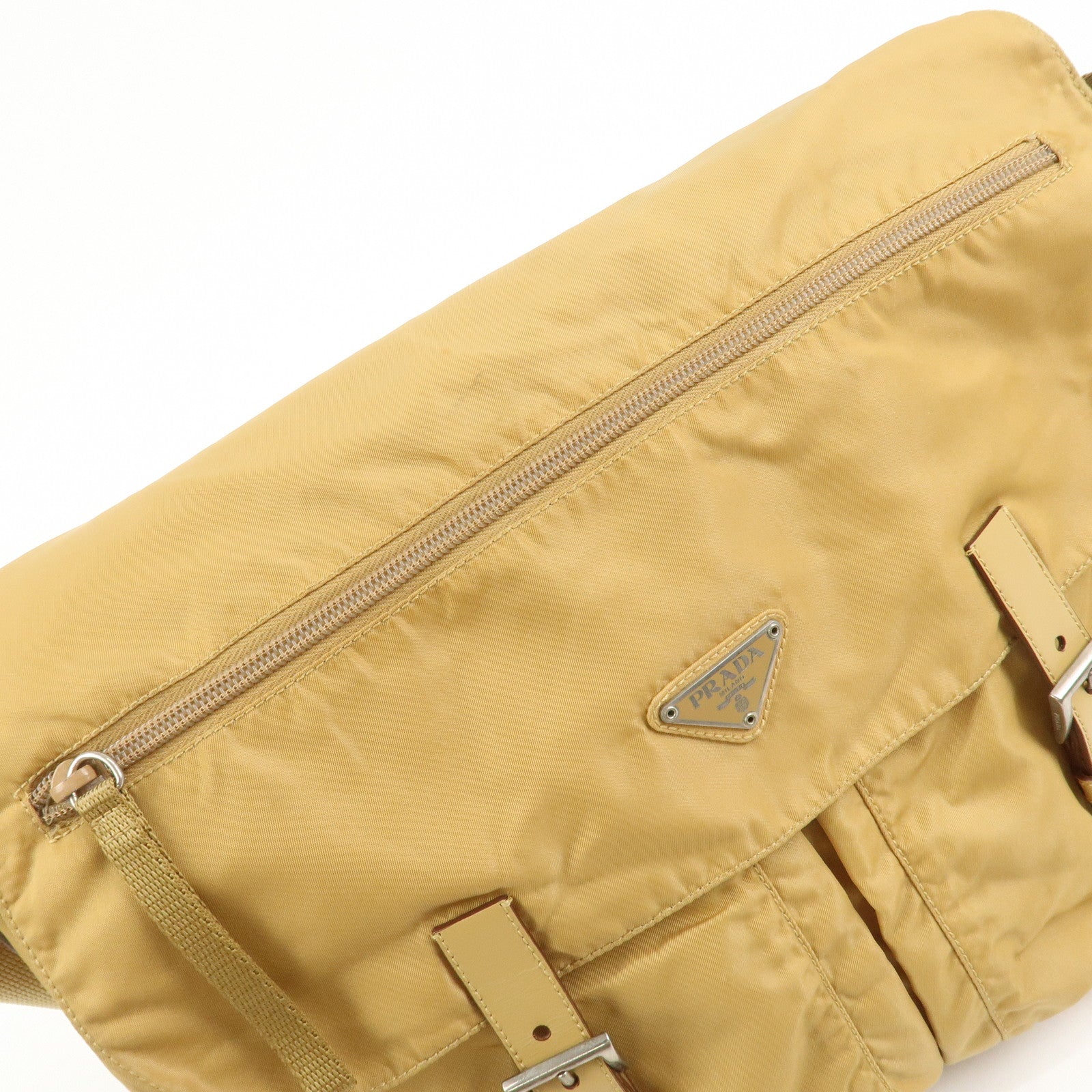 PRADA Triangle Logo Nylon Leather Shoulder Bag Crossbody Bag Beige