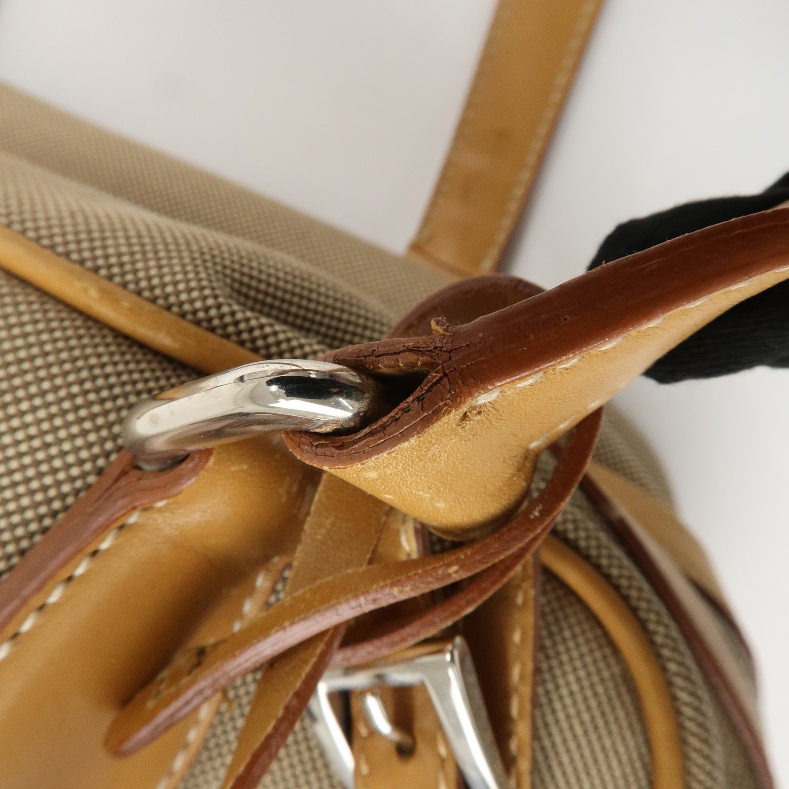 PRADA Logo Jacquard Leather Boston Bag Shoulder Bag Beige Used